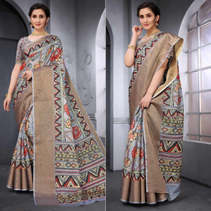 Grey Festive Wear Floral Printed Art Silk Saree - Peachmode