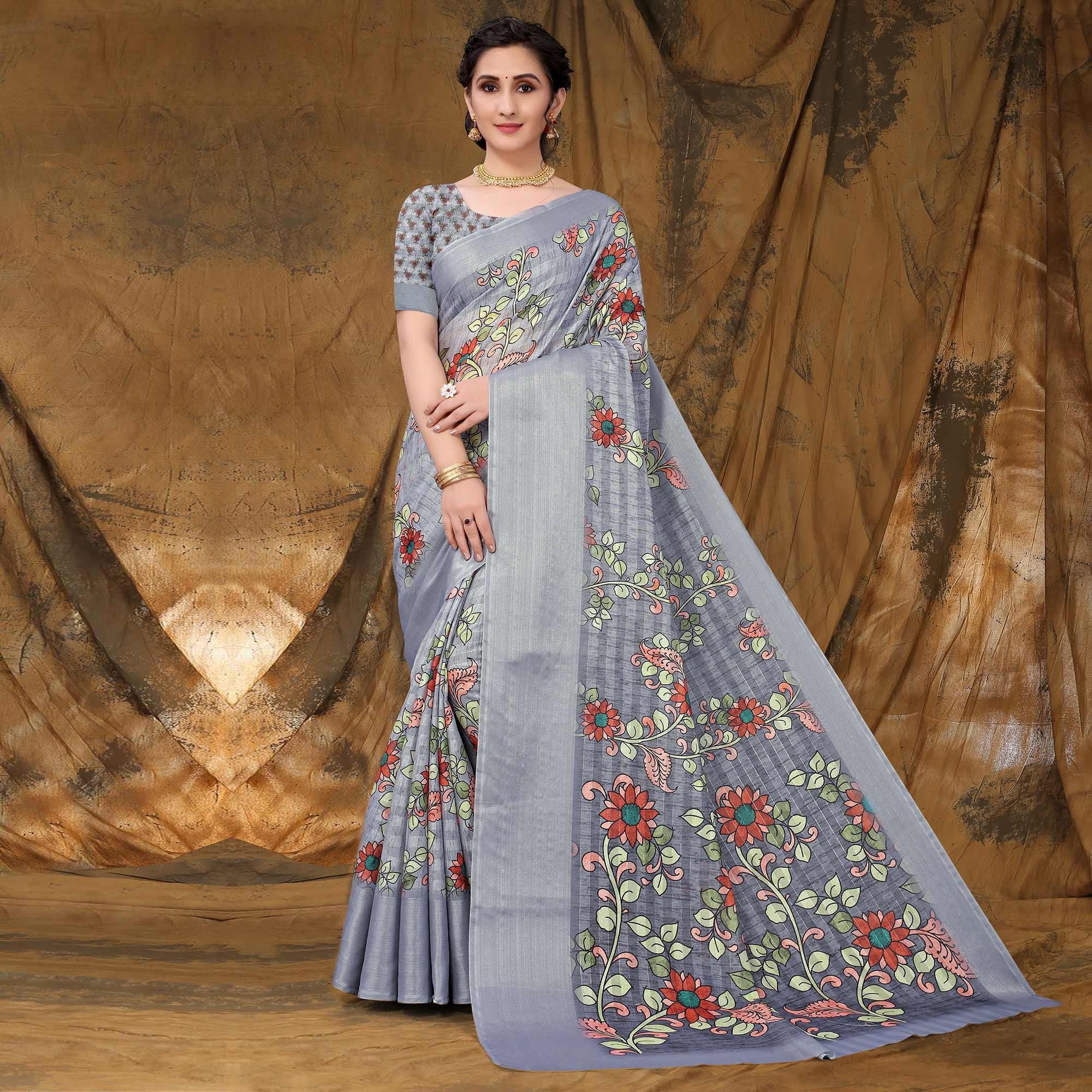 Grey Festive Wear Floral Printed Art Silk Saree - Peachmode