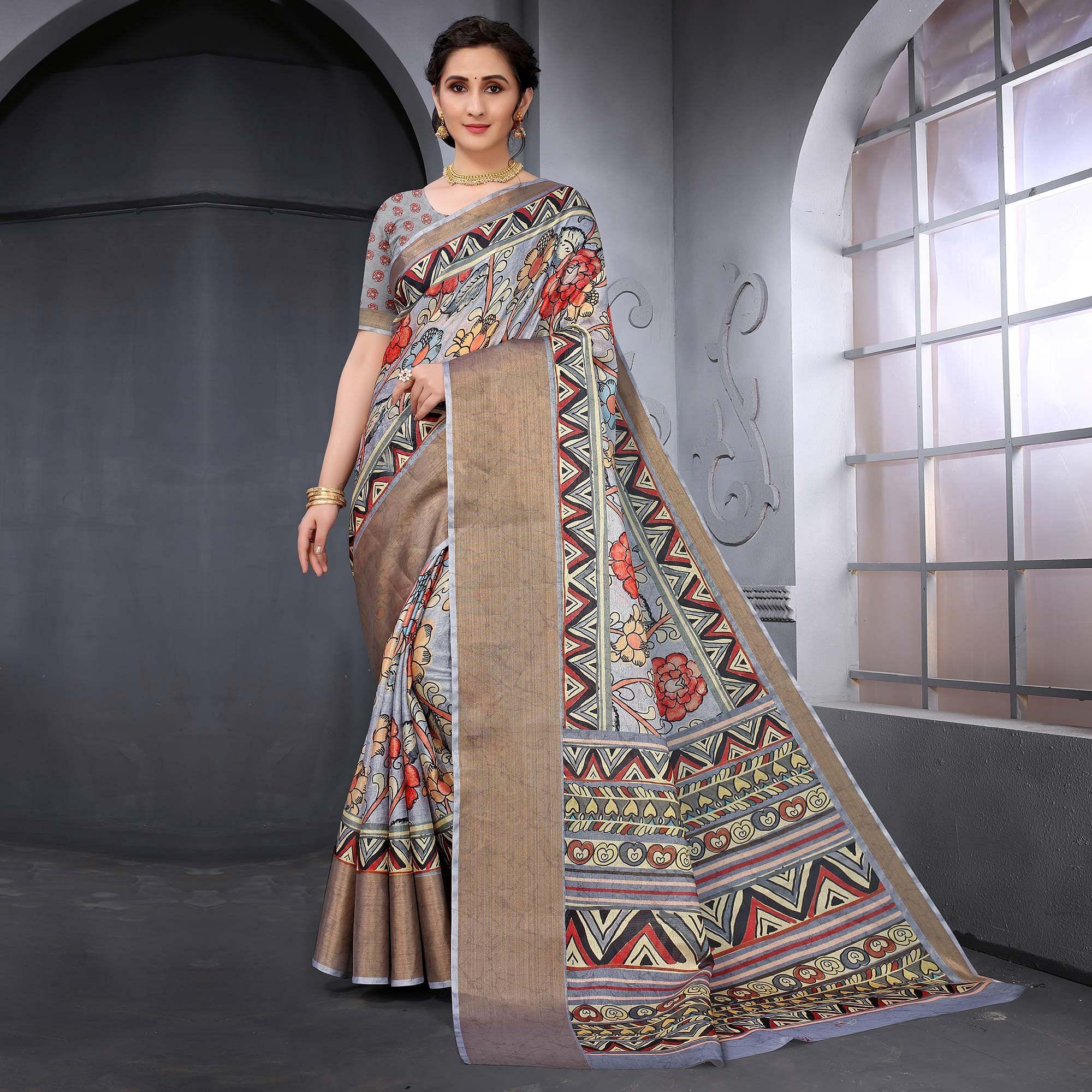 Grey Festive Wear Floral Printed Art Silk Saree - Peachmode