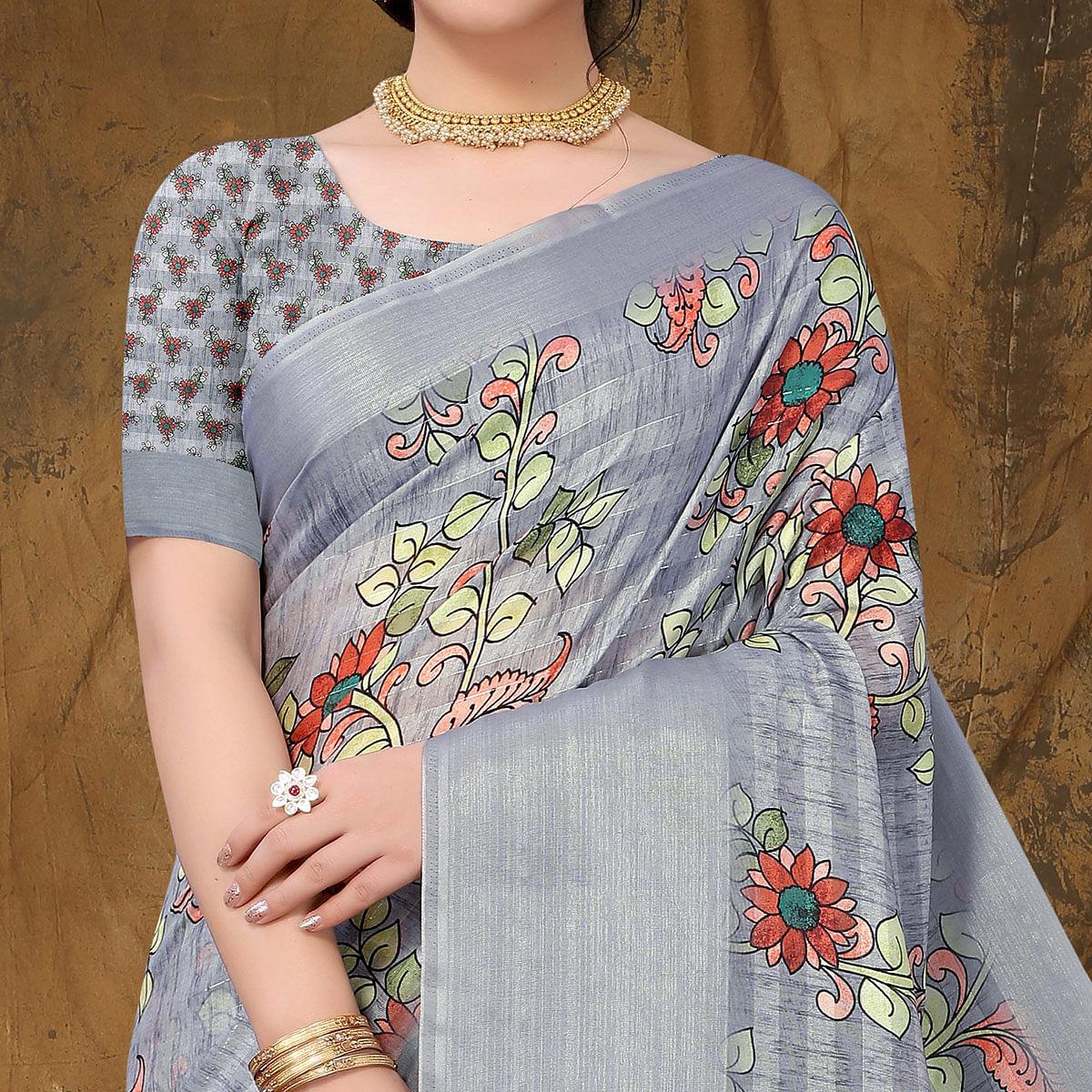 Grey Festive Wear Floral Printed Art Silk Saree - Peachmode
