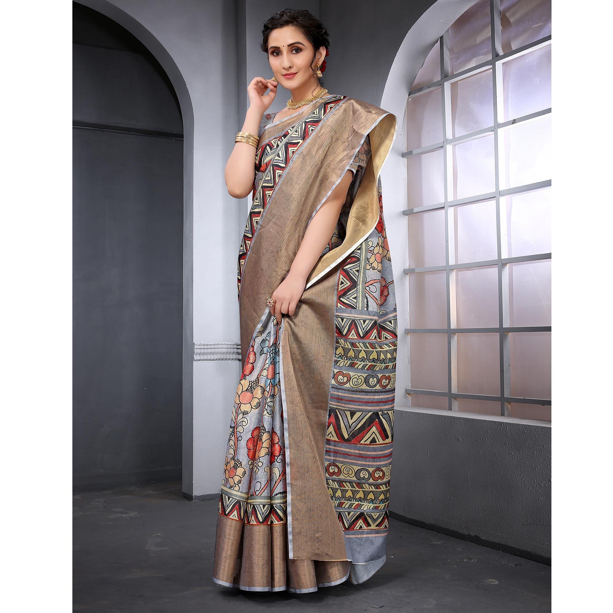 Grey Festive Wear Floral Printed Art Silk Saree - Peachmode