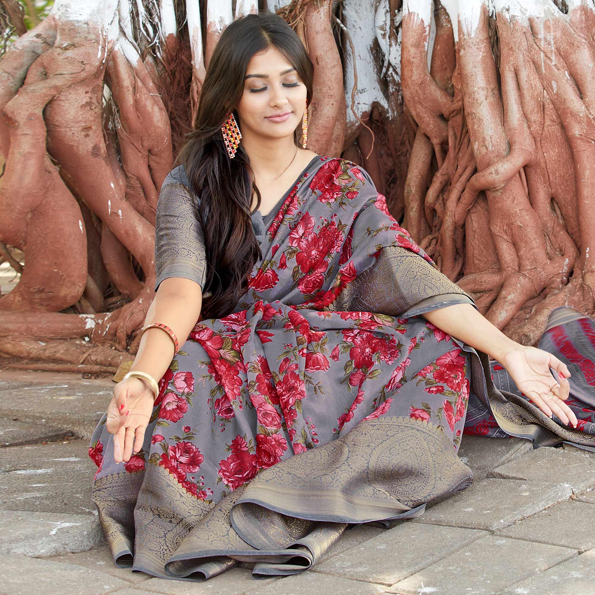 Grey Festive Wear Floral Printed Soft Cotton Saree - Peachmode
