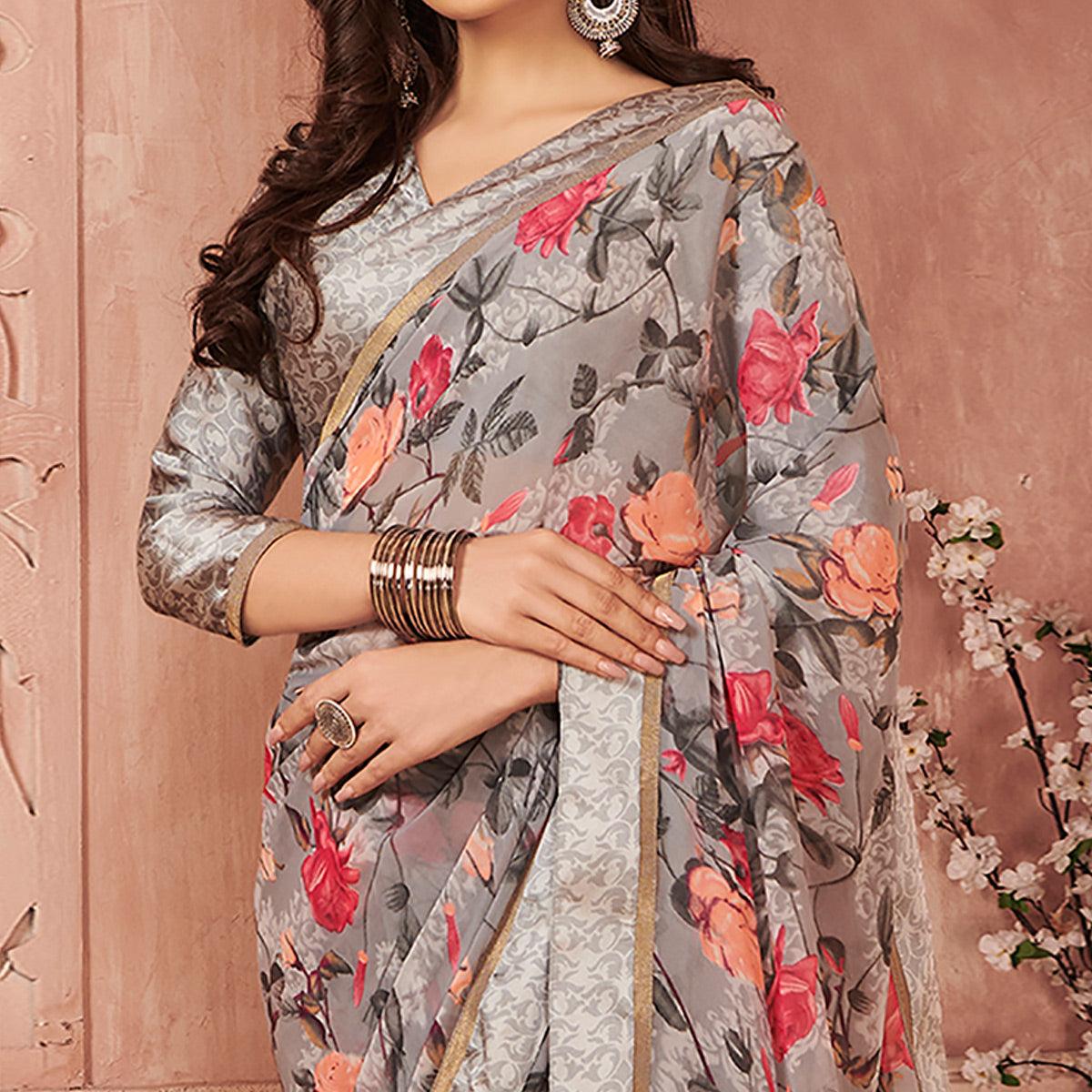 Grey Festive Wear Floral Printed Weightless Satin Lace Saree - Peachmode