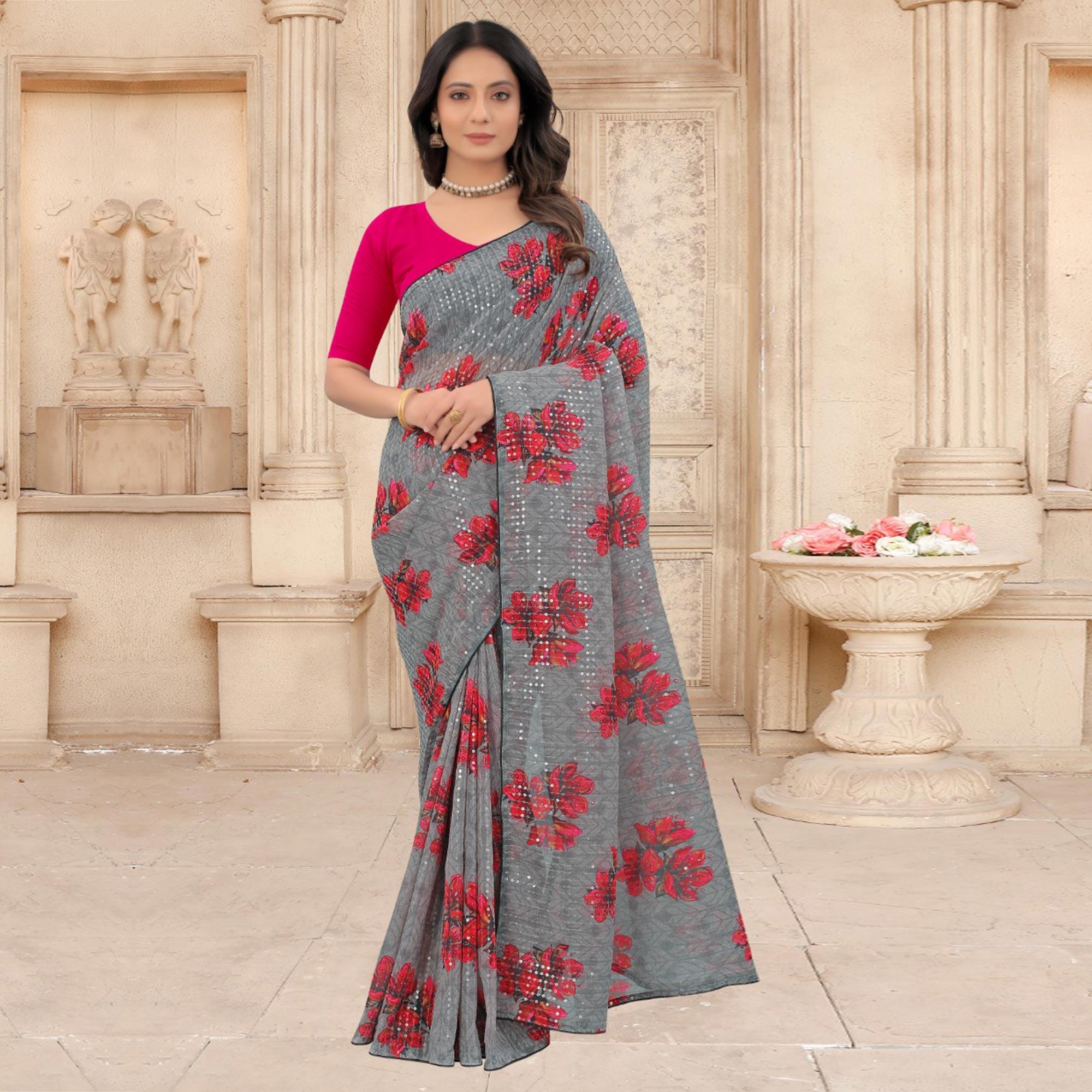 Grey Festive Wear Floral Printed With Sequence Georgette Saree - Peachmode