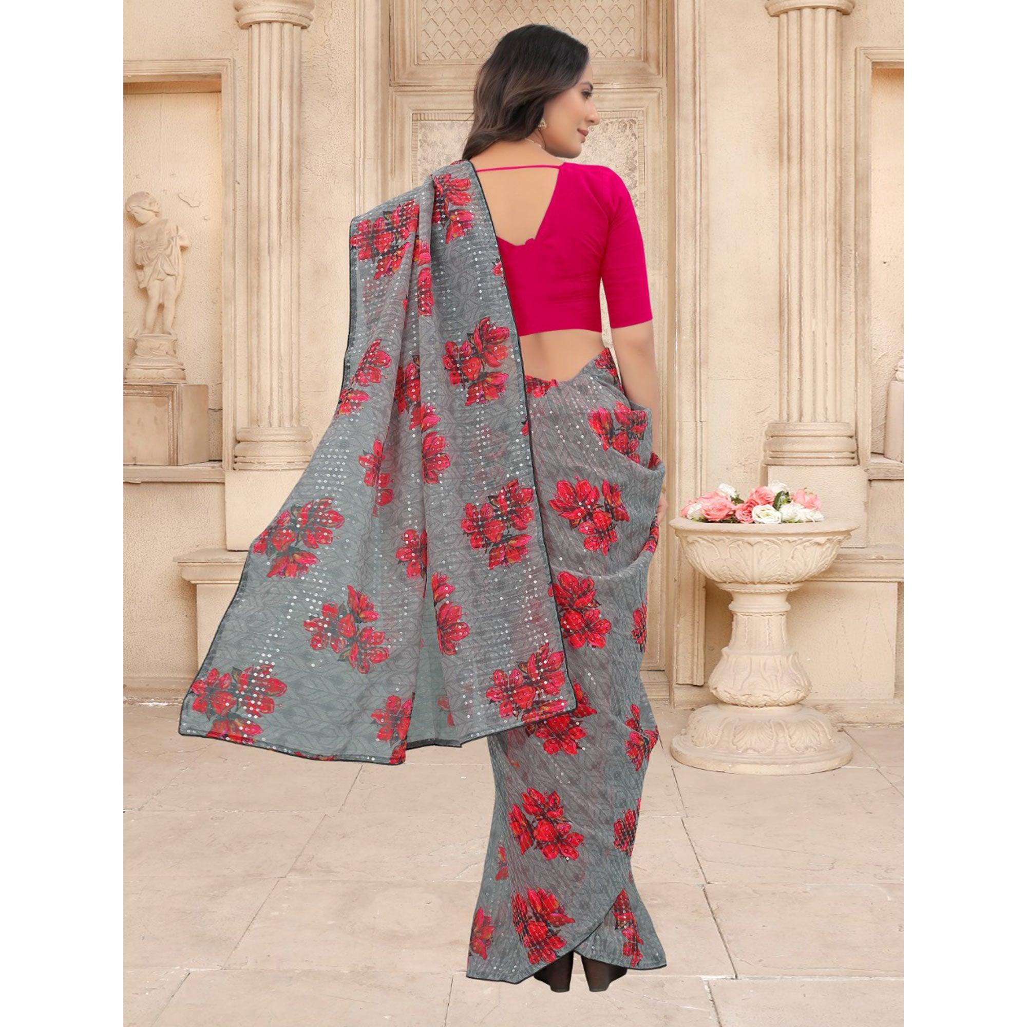 Grey Festive Wear Floral Printed With Sequence Georgette Saree - Peachmode