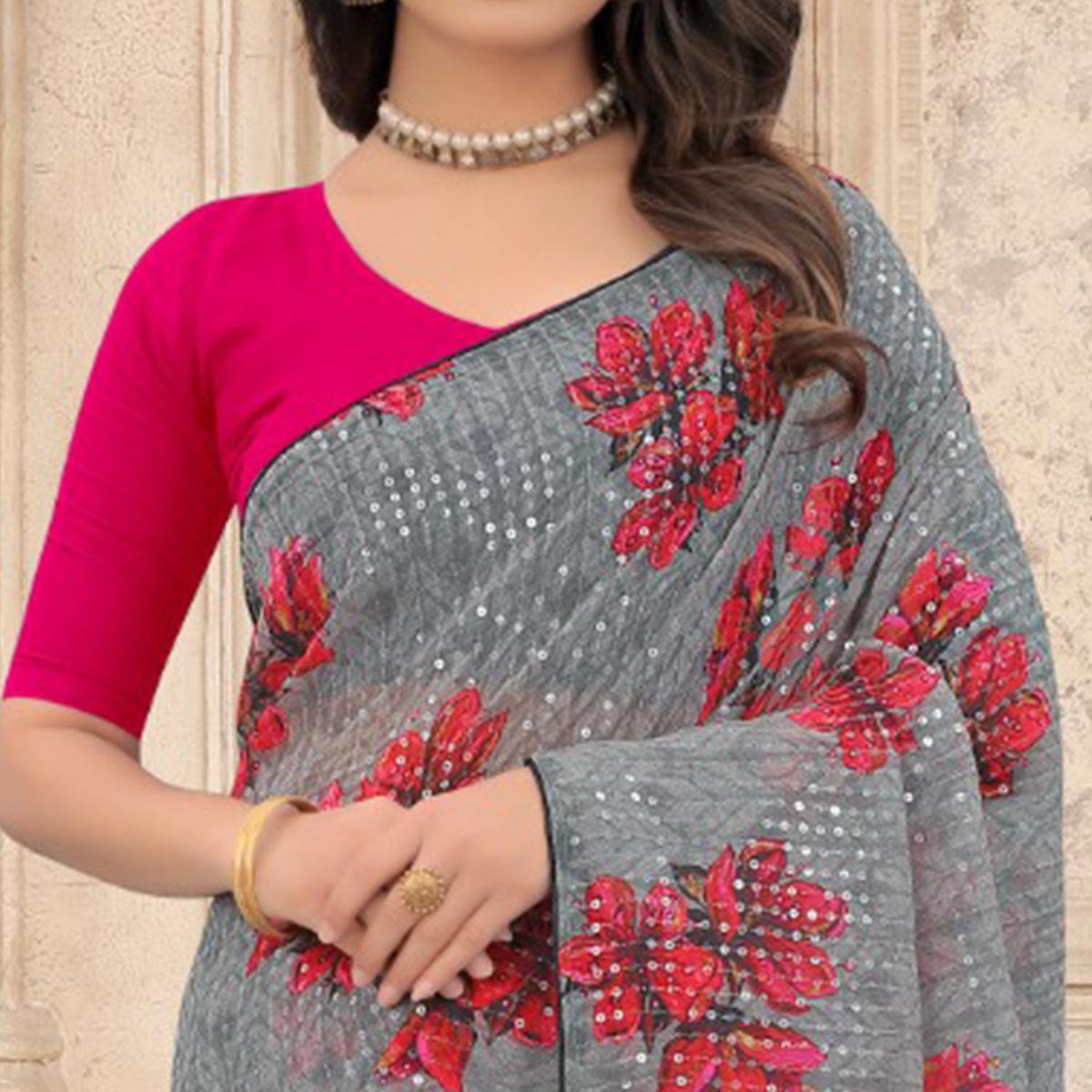 Grey Festive Wear Floral Printed With Sequence Georgette Saree - Peachmode