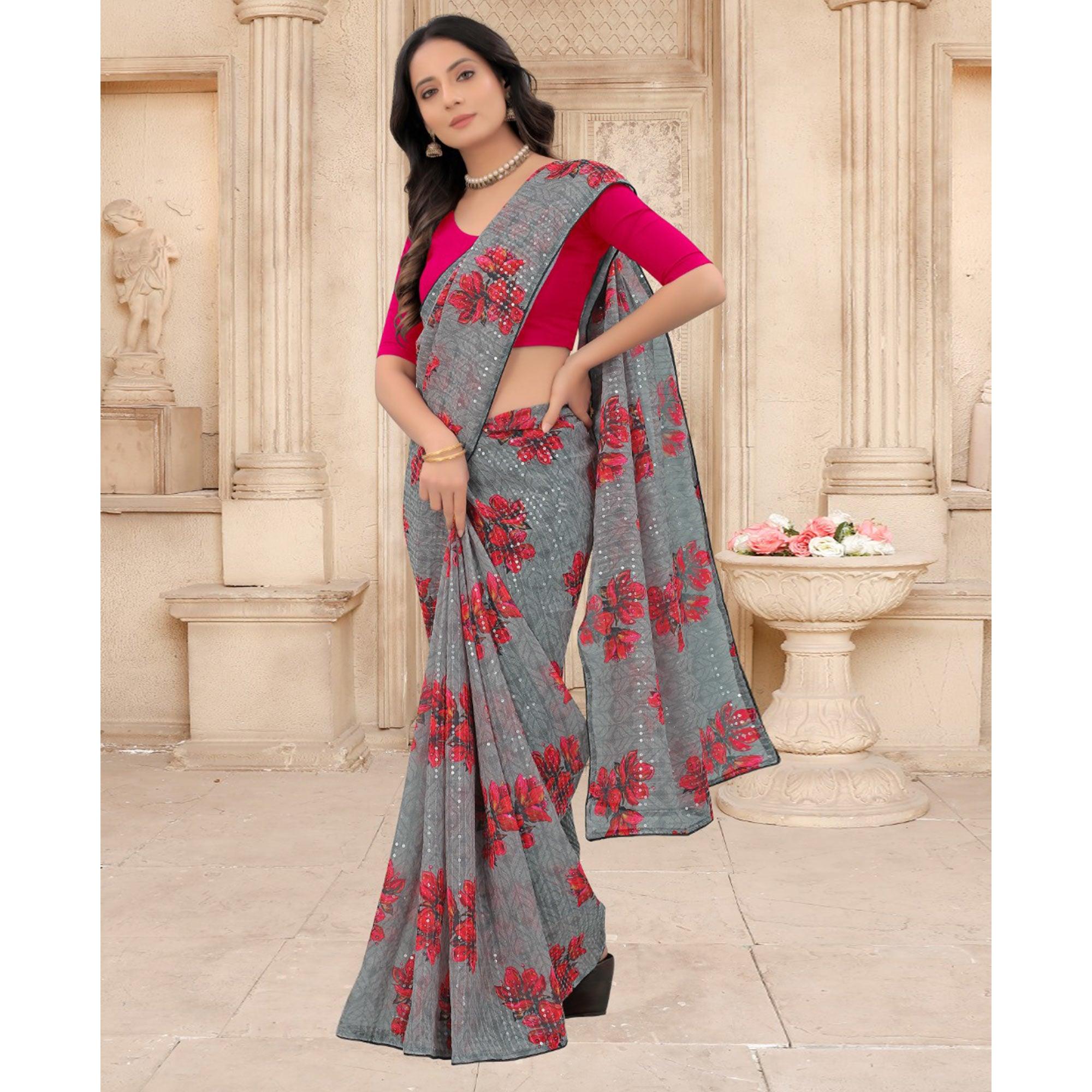 Grey Festive Wear Floral Printed With Sequence Georgette Saree - Peachmode