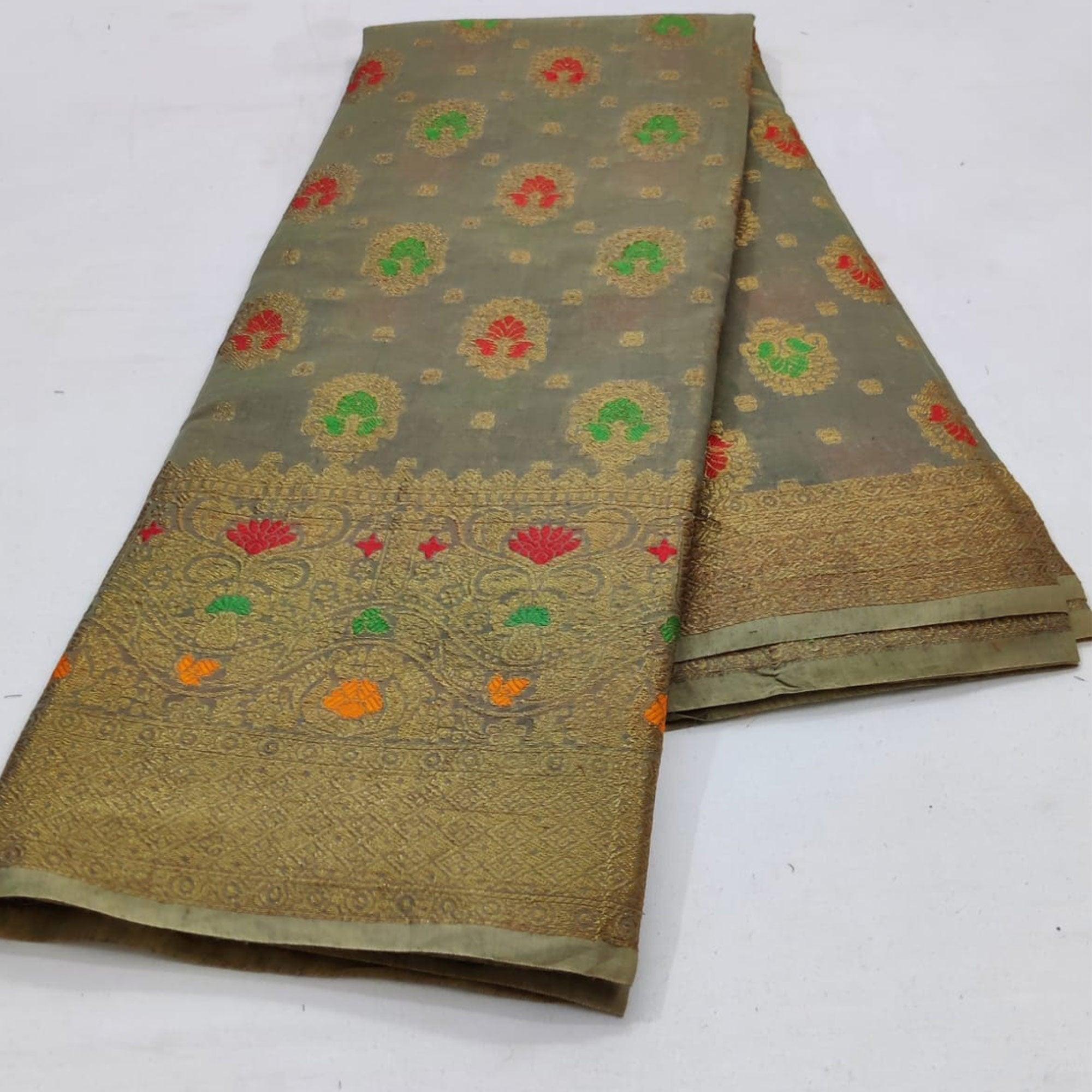 Grey Festive Wear Floral Woven Cotton Saree With Meena Butta Pallu - Peachmode