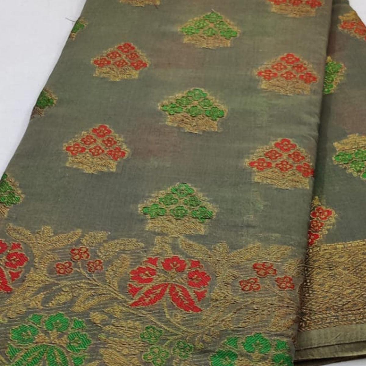 Grey Festive Wear Floral Woven Cotton Saree With Meena Butta Pallu - Peachmode
