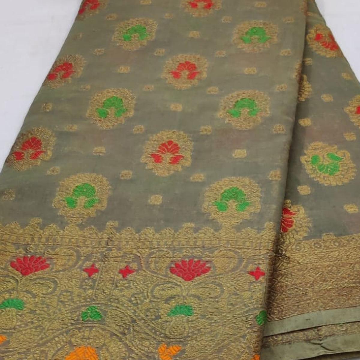 Grey Festive Wear Floral Woven Cotton Saree With Meena Butta Pallu - Peachmode