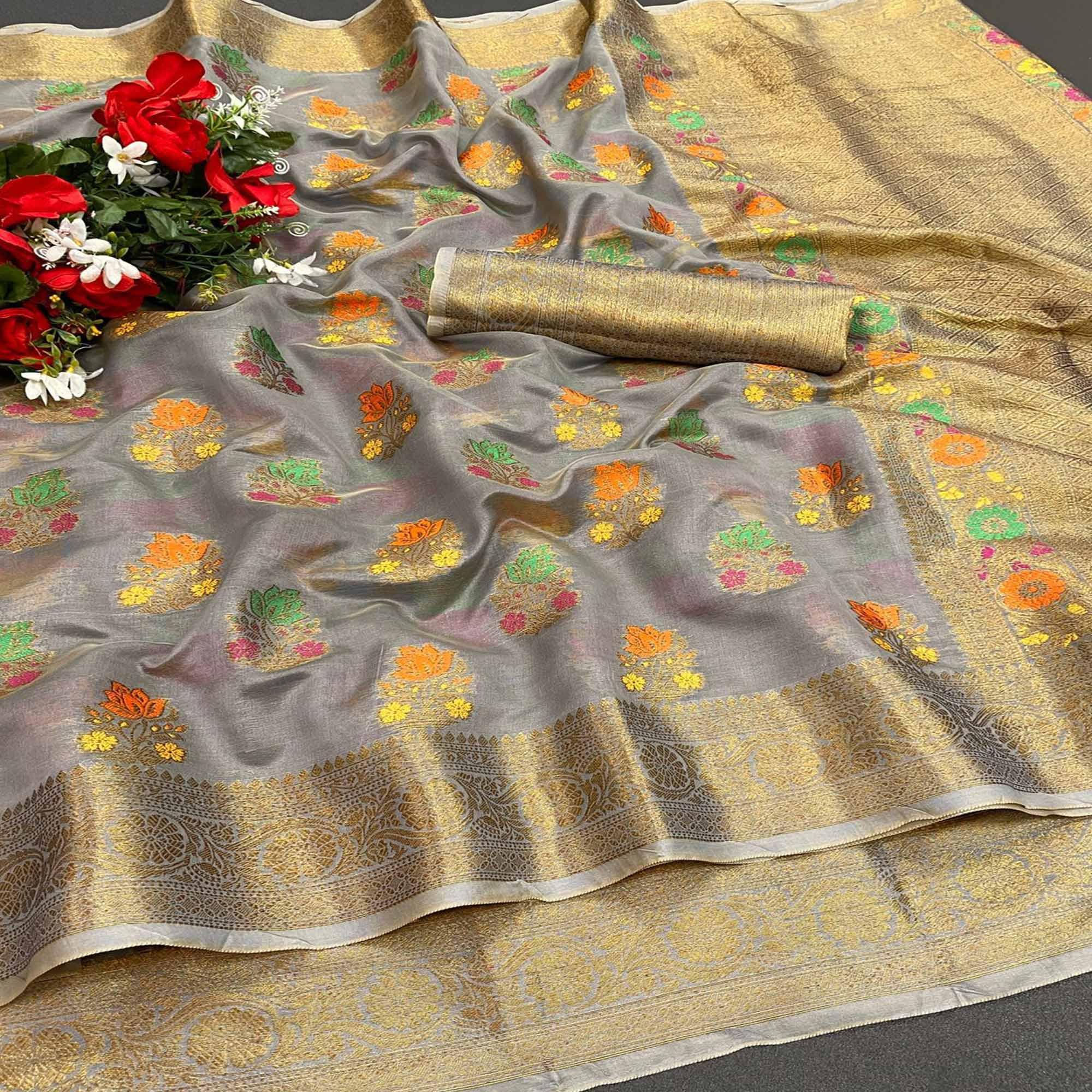 Grey Festive Wear Floral Woven Pure Soft Organza Saree - Peachmode