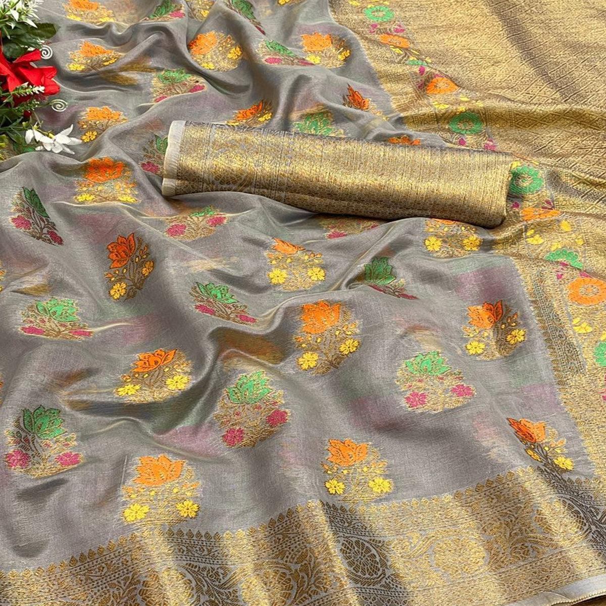 Grey Festive Wear Floral Woven Pure Soft Organza Saree - Peachmode