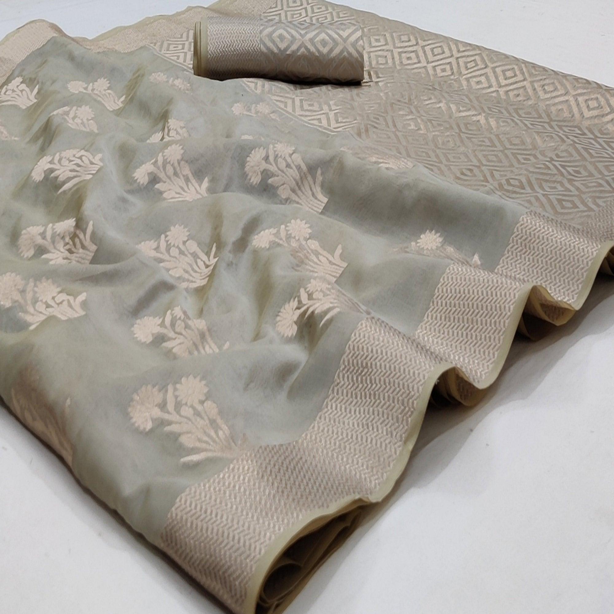 Grey Festive Wear Floral Woven Silk Saree - Peachmode