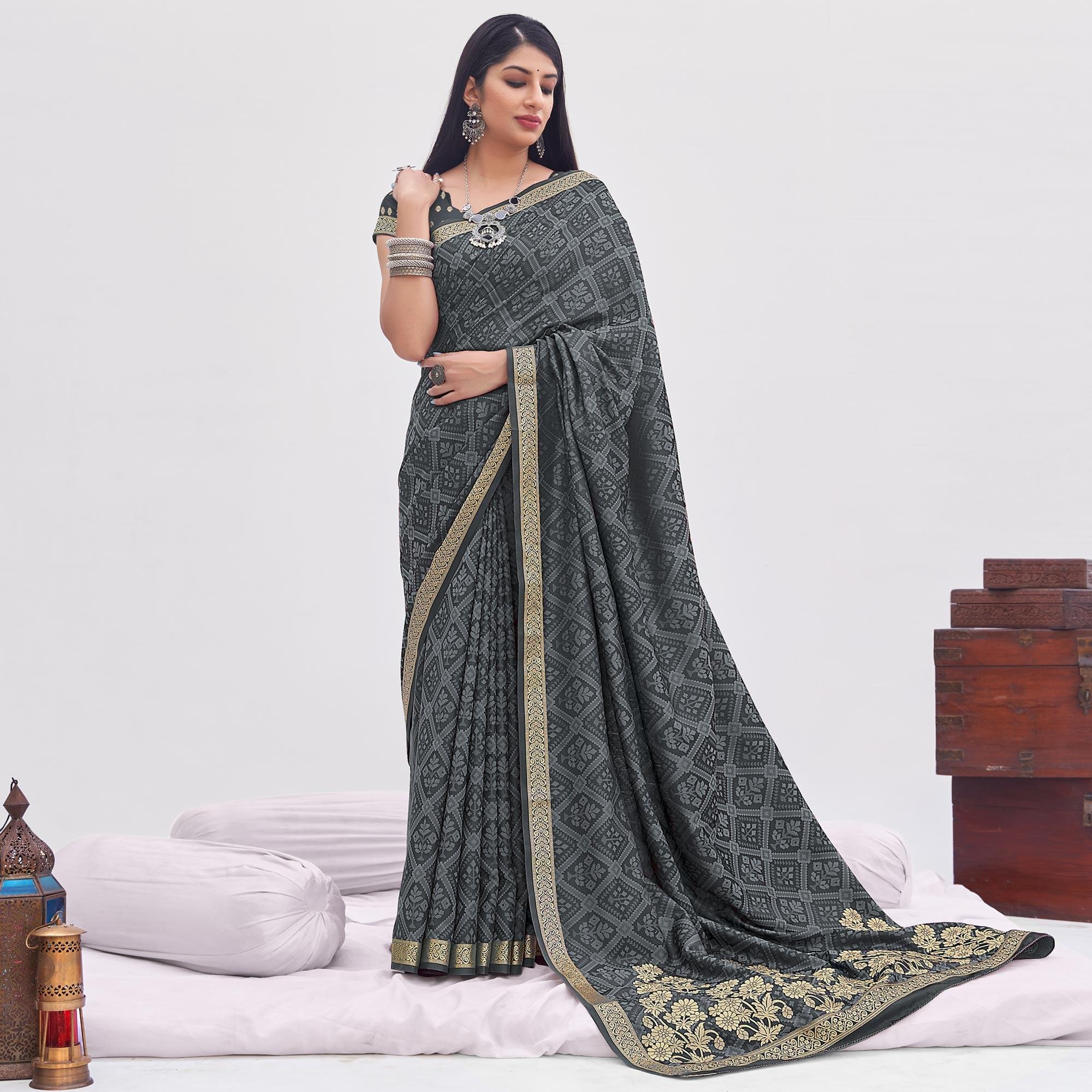 Grey Festive Wear Floral Woven Silk Saree - Peachmode