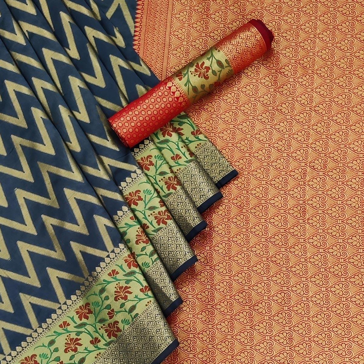 Grey Festive Wear Floral Woven Silk Saree - Peachmode