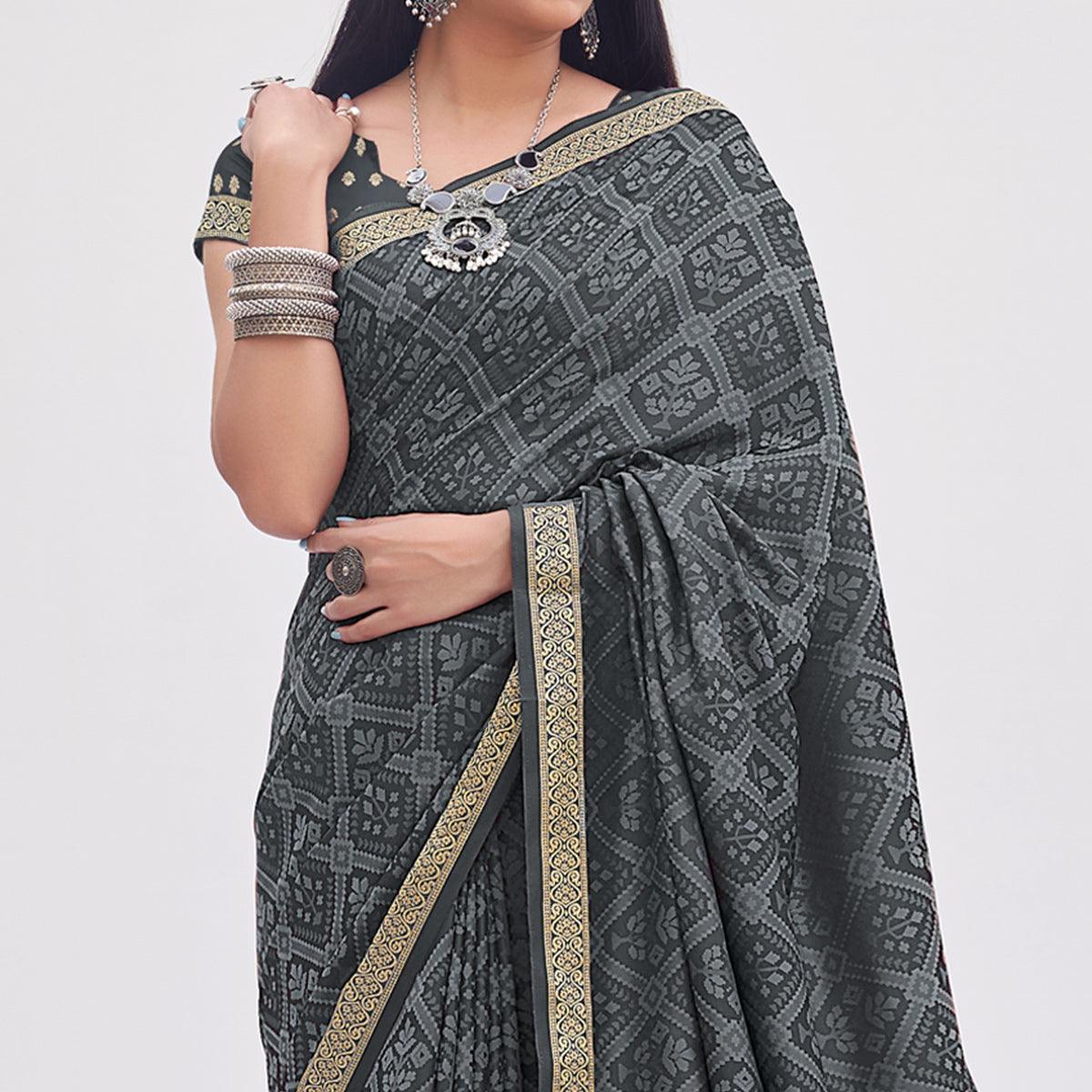Grey Festive Wear Floral Woven Silk Saree - Peachmode
