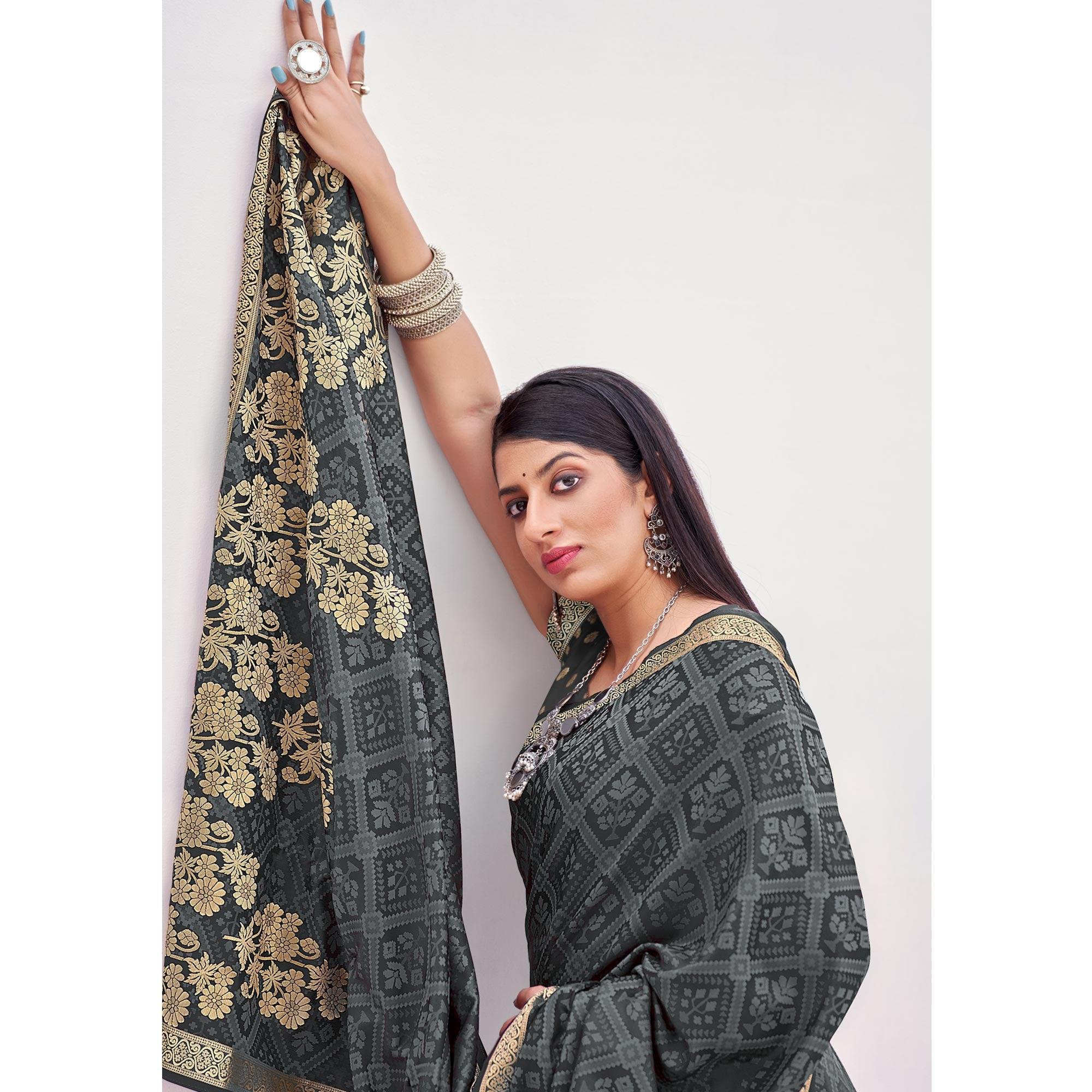 Grey Festive Wear Floral Woven Silk Saree - Peachmode