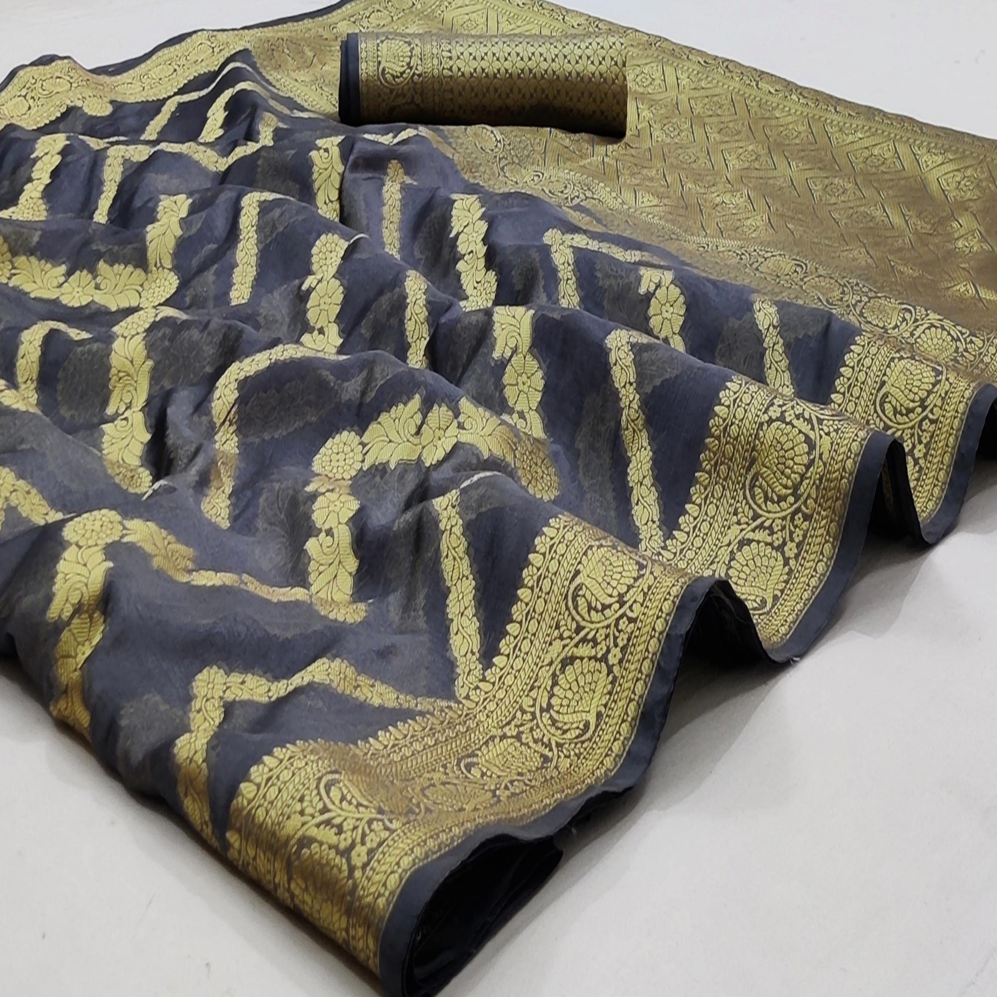 Grey Festive Wear Floral Woven Soft Organza Saree - Peachmode