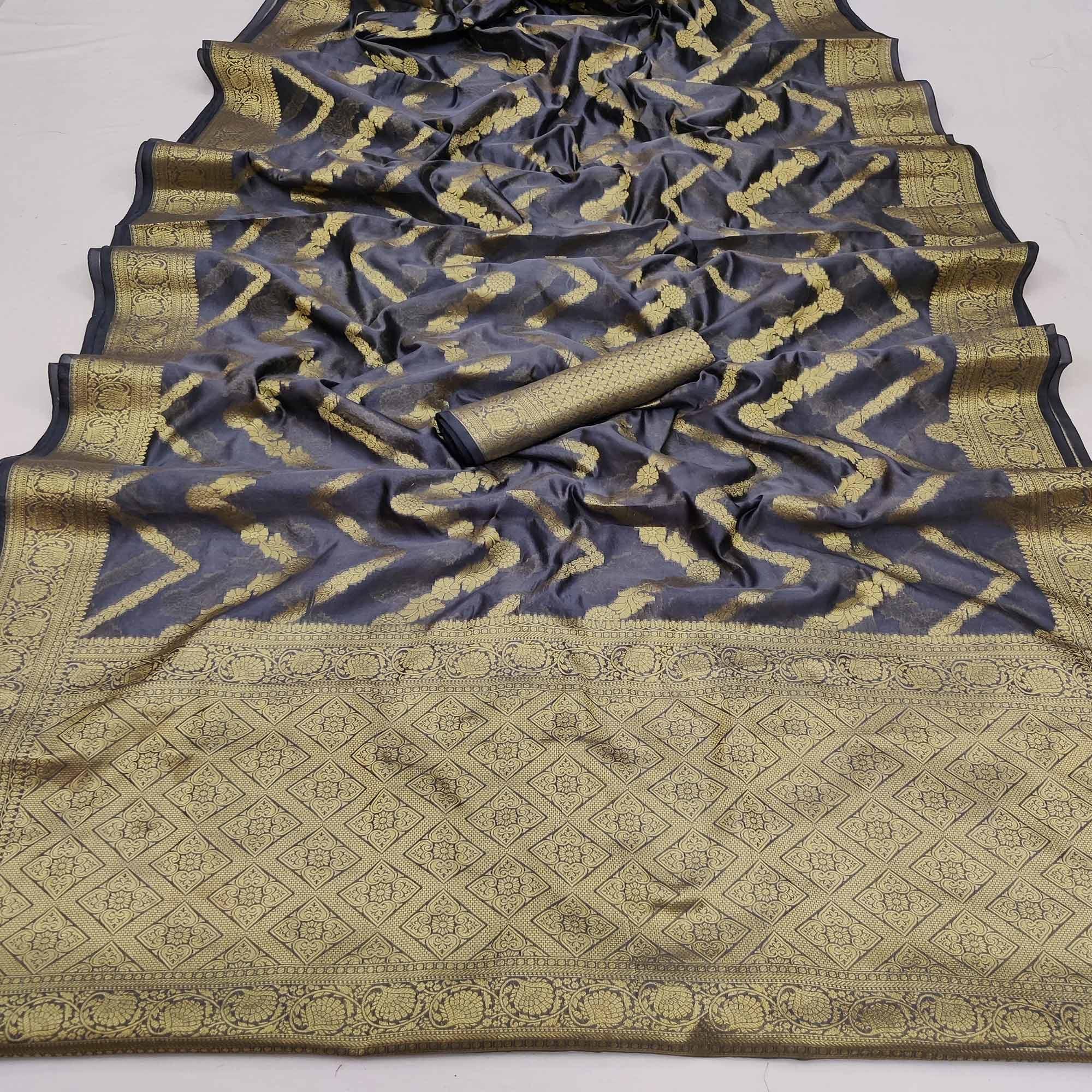 Grey Festive Wear Floral Woven Soft Organza Saree - Peachmode