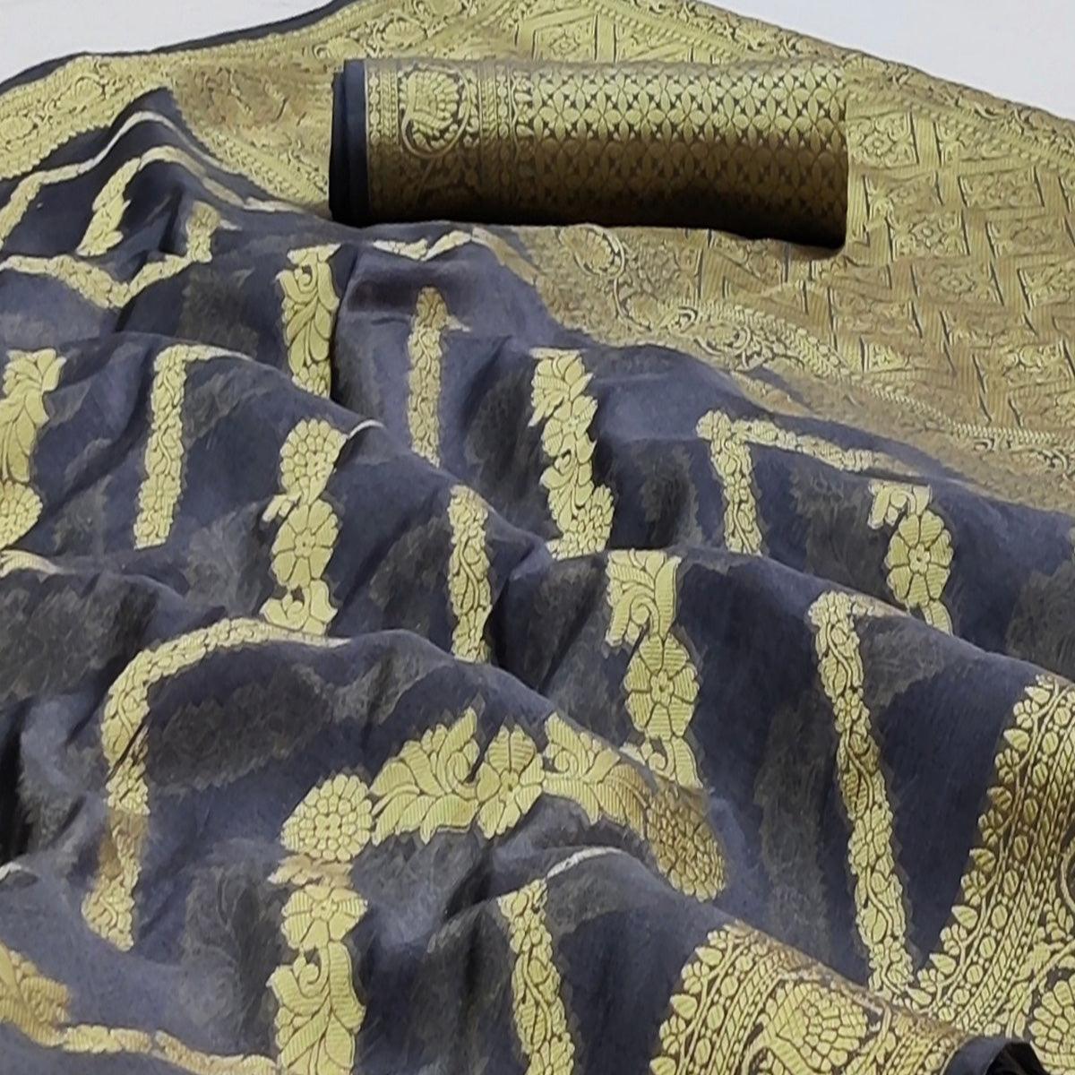 Grey Festive Wear Floral Woven Soft Organza Saree - Peachmode