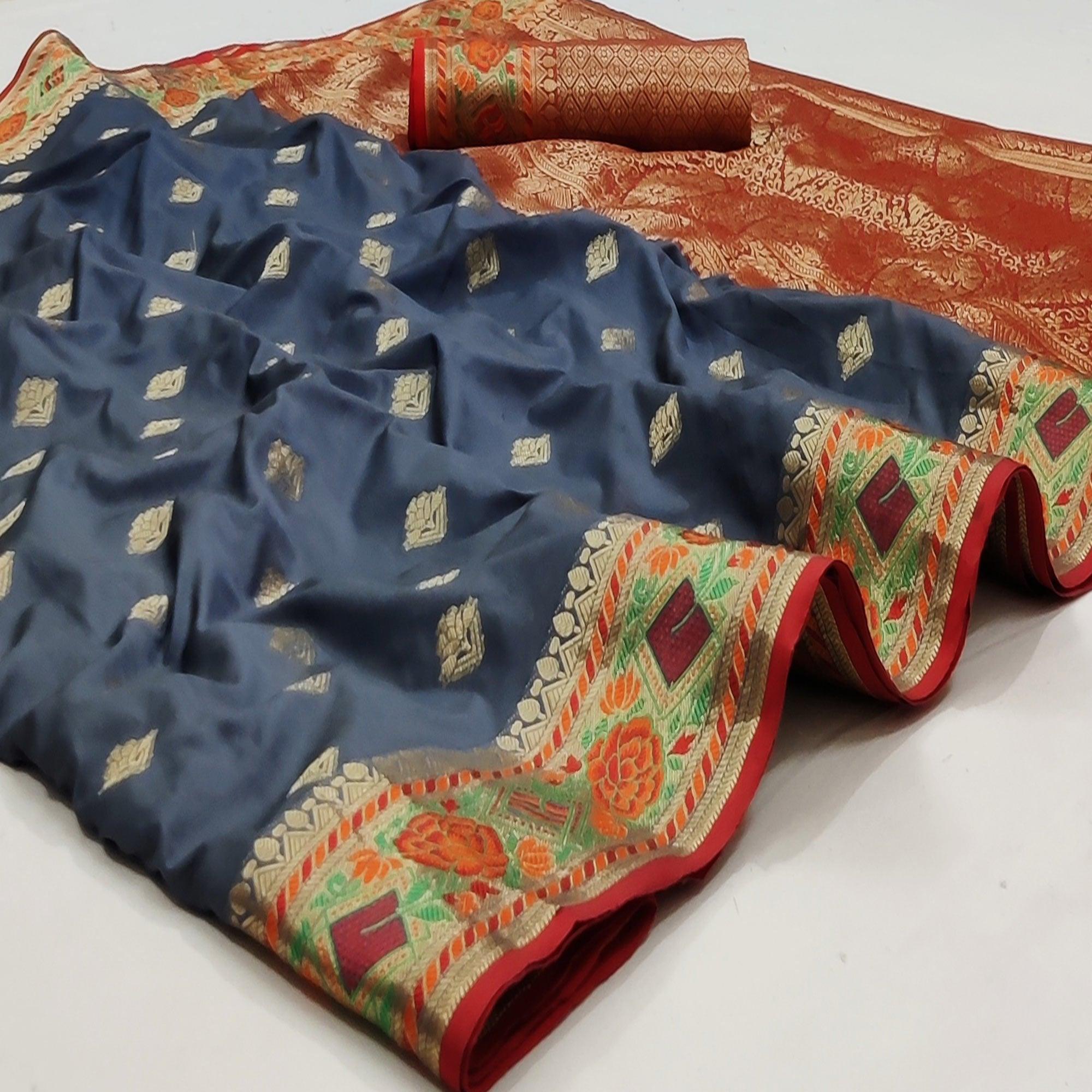 Grey Festive Wear Floral Woven Soft Silk Saree With Jacquard Border - Peachmode