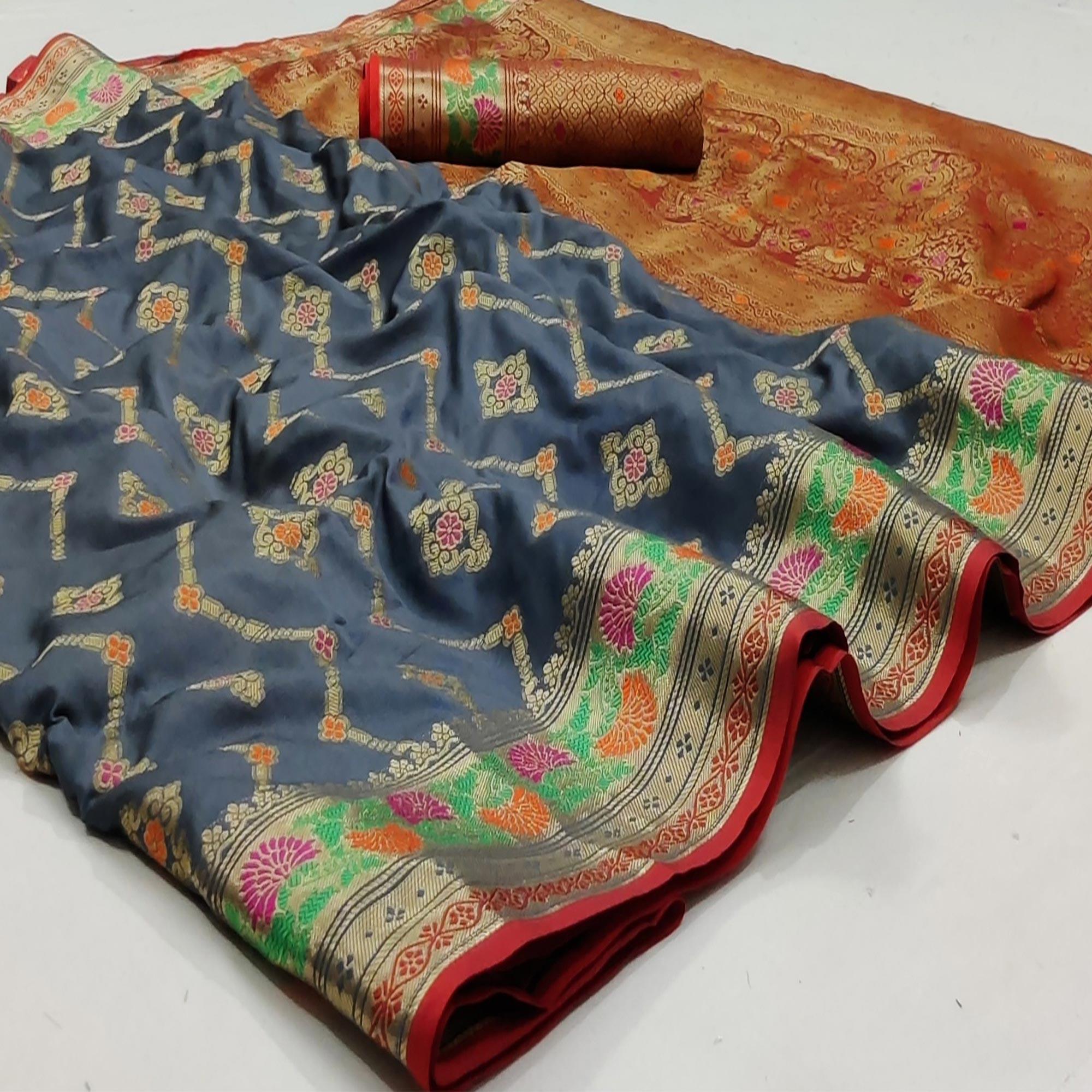 Grey Festive Wear Floral Woven Soft Silk Saree With Jacquard Border - Peachmode
