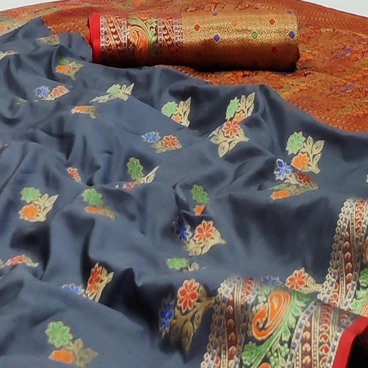 Grey Festive Wear Floral Woven Soft Silk Saree With Jacquard Border - Peachmode