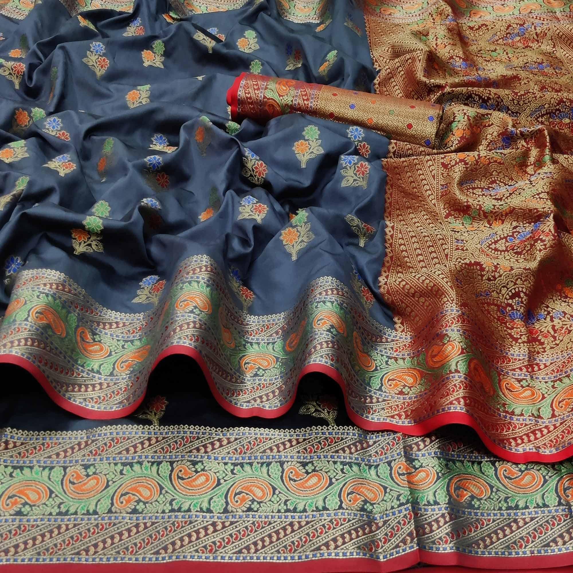Grey Festive Wear Floral Woven Soft Silk Saree With Jacquard Border - Peachmode