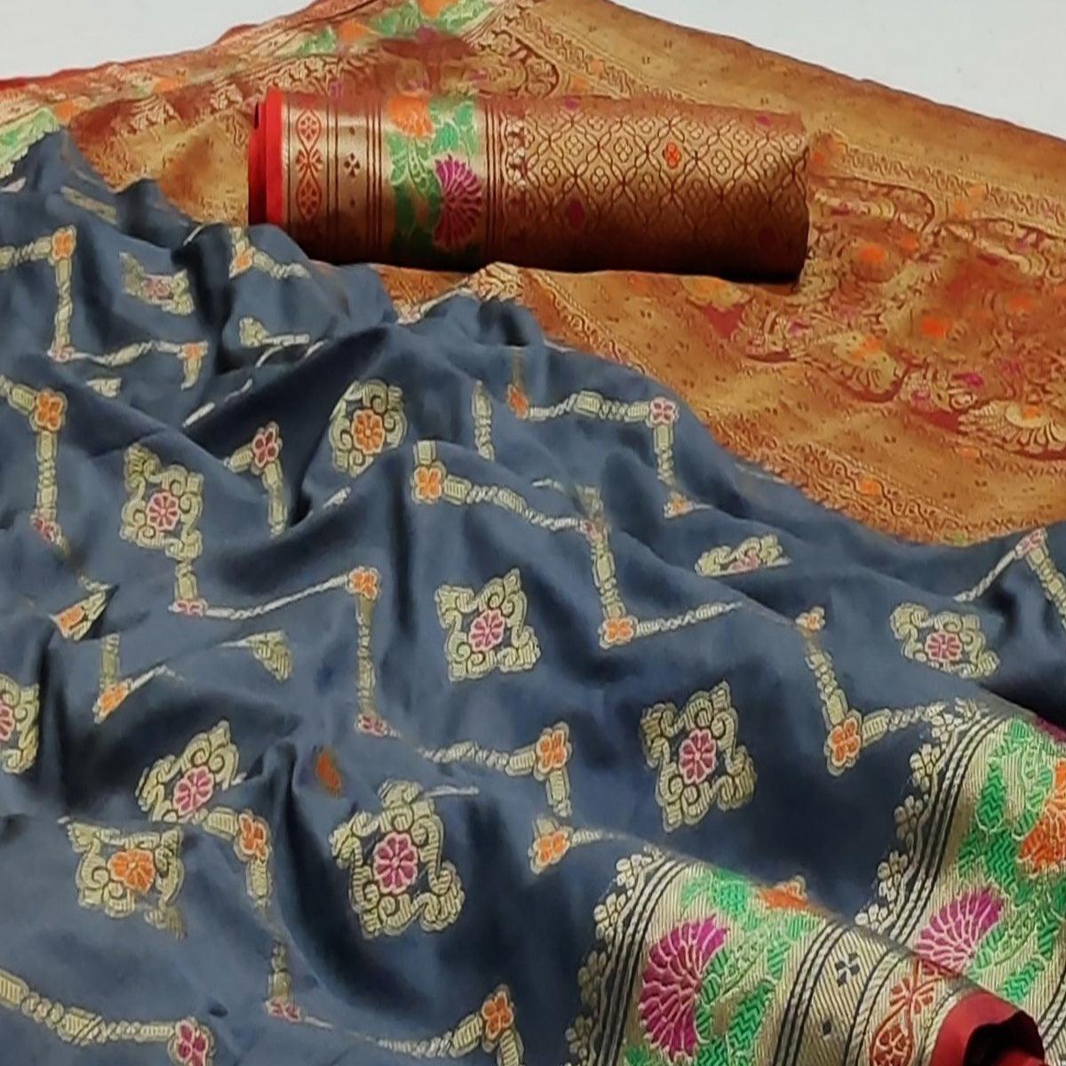 Grey Festive Wear Floral Woven Soft Silk Saree With Jacquard Border - Peachmode