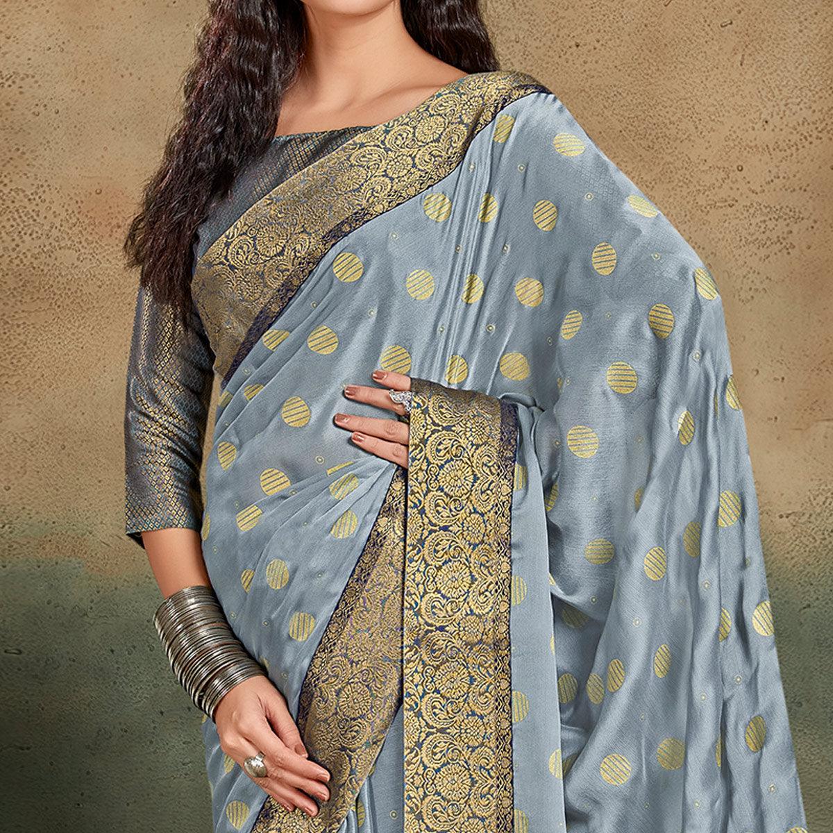 Grey Festive Wear Foil Work Chiffon Saree With Banarasi Border - Peachmode