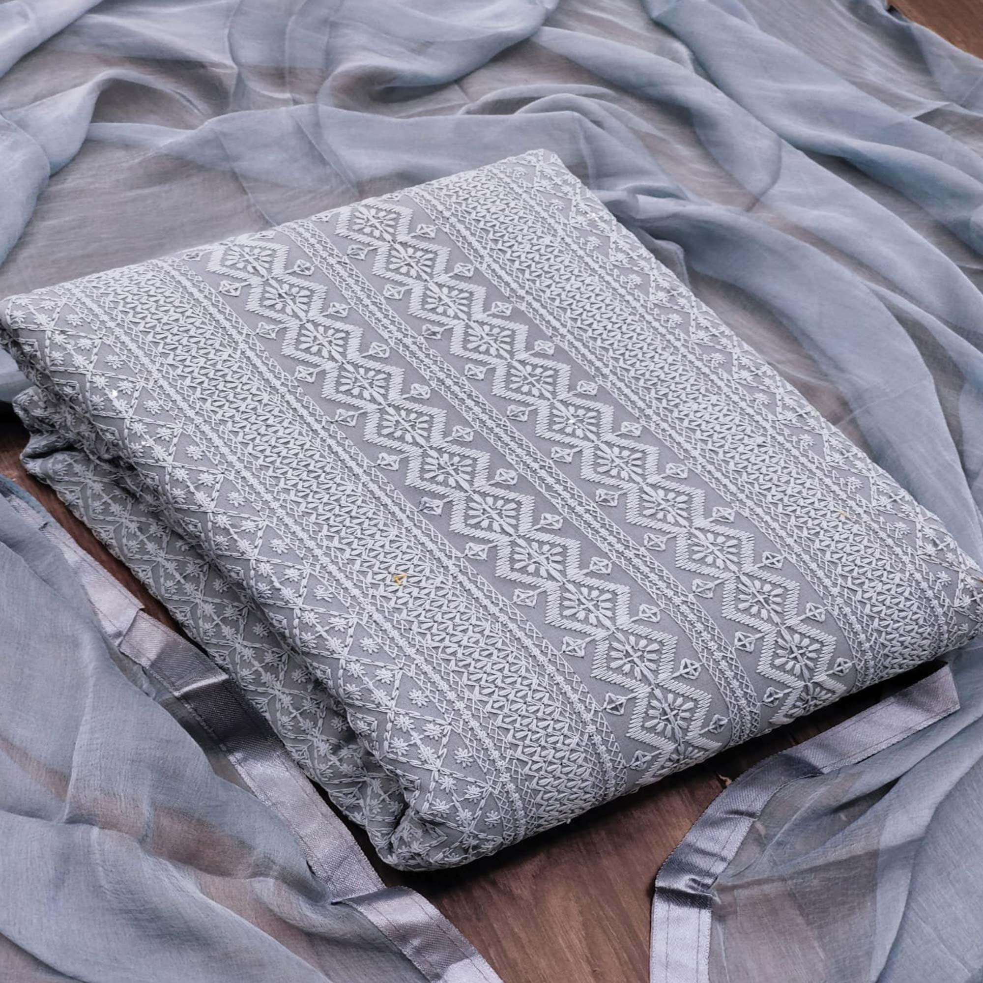 Grey Festive Wear Heavy Embroidered Georgette Dress Material - Peachmode