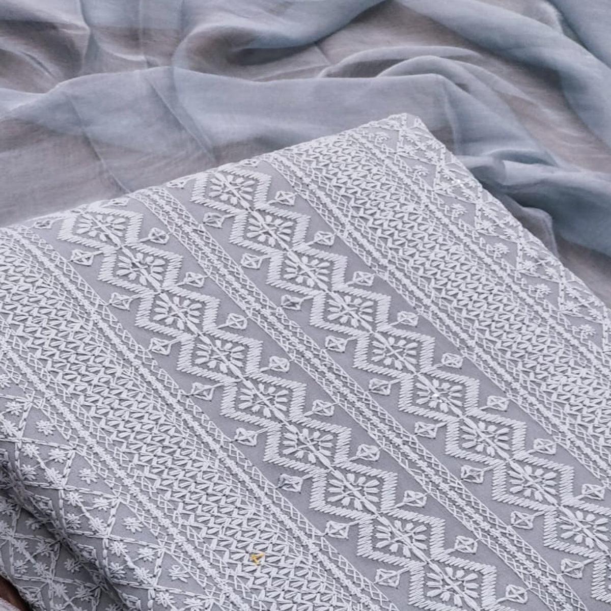 Grey Festive Wear Heavy Embroidered Georgette Dress Material - Peachmode