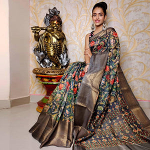 Grey Festive Wear Kalamkari Printed Chanderi Silk Saree With Zari Weaving Border - Peachmode