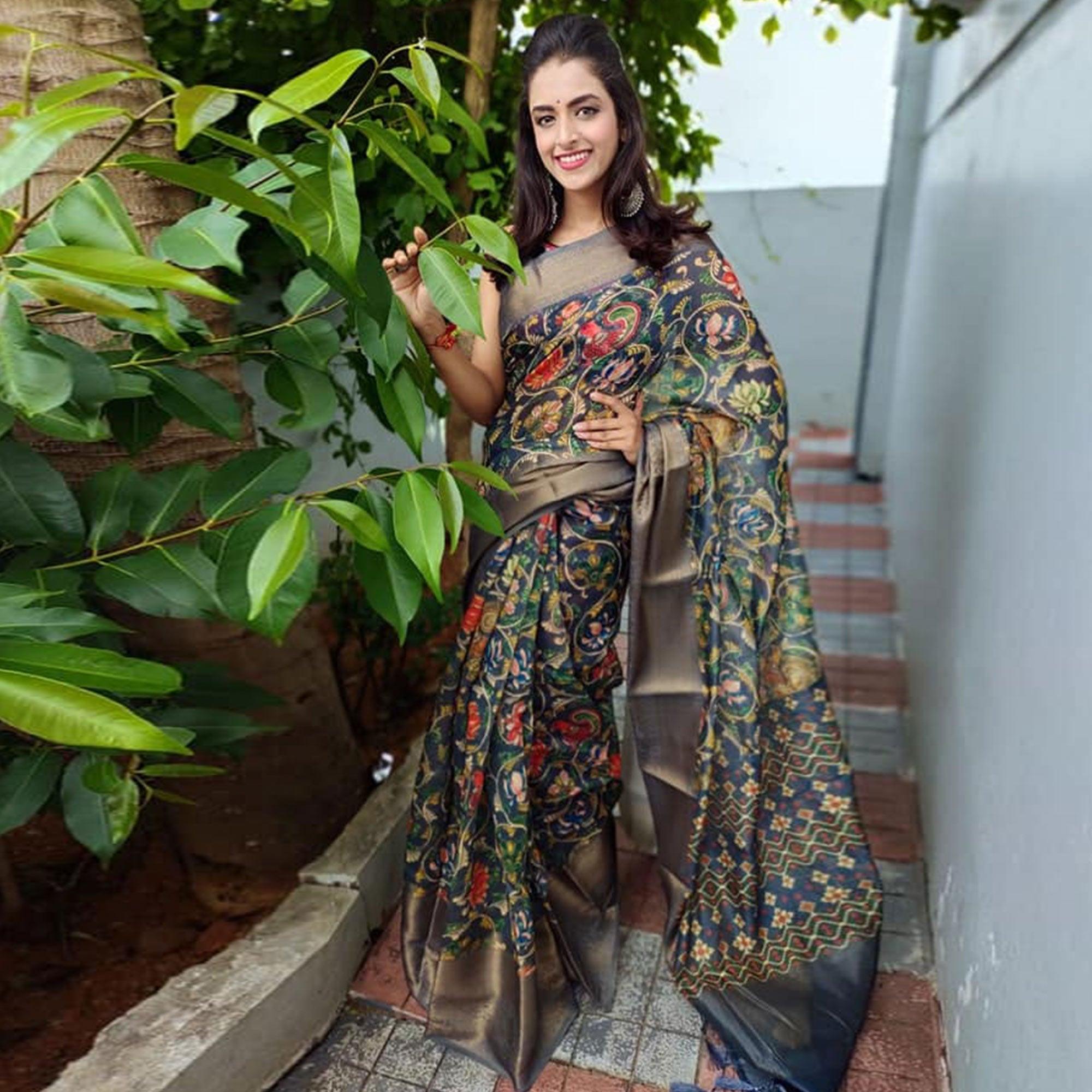 Grey Festive Wear Kalamkari Printed Chanderi Silk Saree With Zari Weaving Border - Peachmode