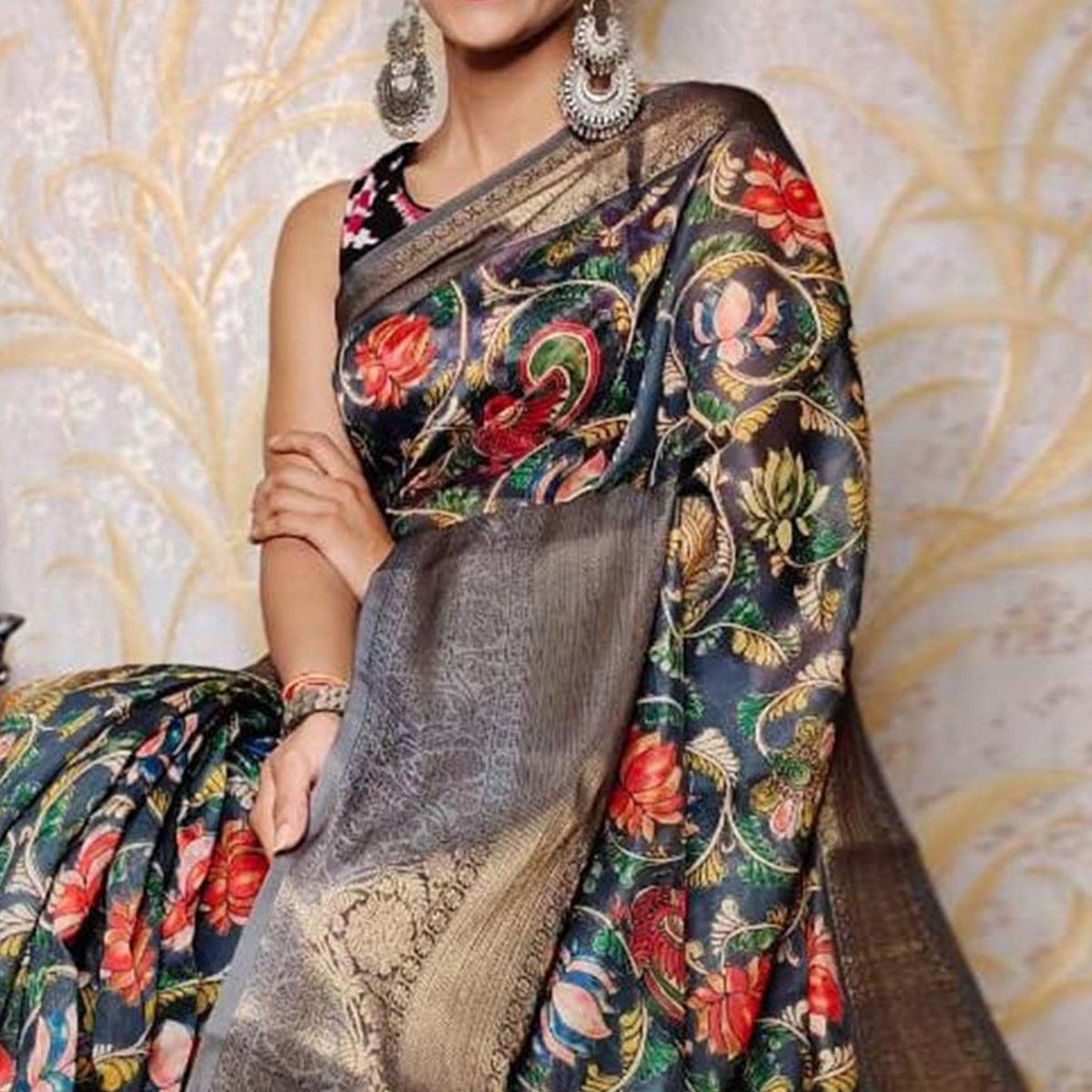 Grey Festive Wear Kalamkari Printed Chanderi Silk Saree With Zari Weaving Border - Peachmode
