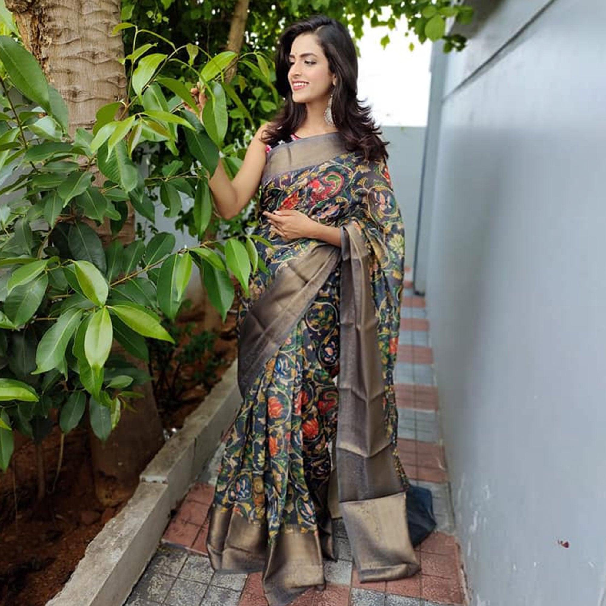 Grey Festive Wear Kalamkari Printed Chanderi Silk Saree With Zari Weaving Border - Peachmode