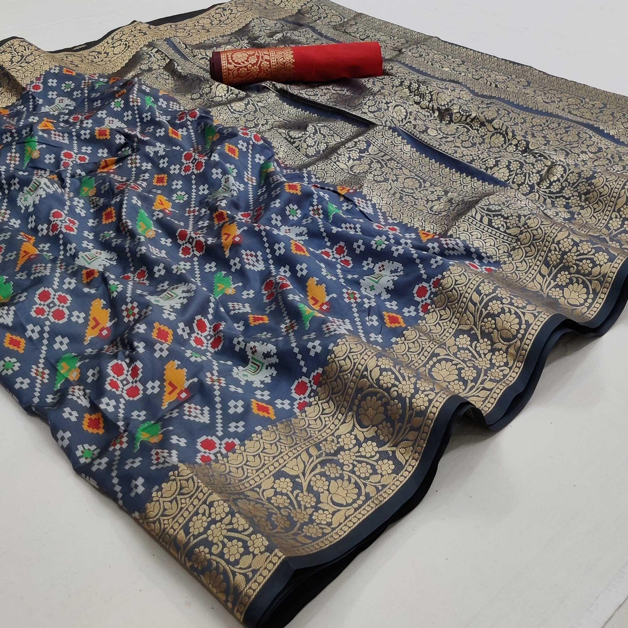 Grey Festive Wear Patola Printed Art Silk Saree - Peachmode