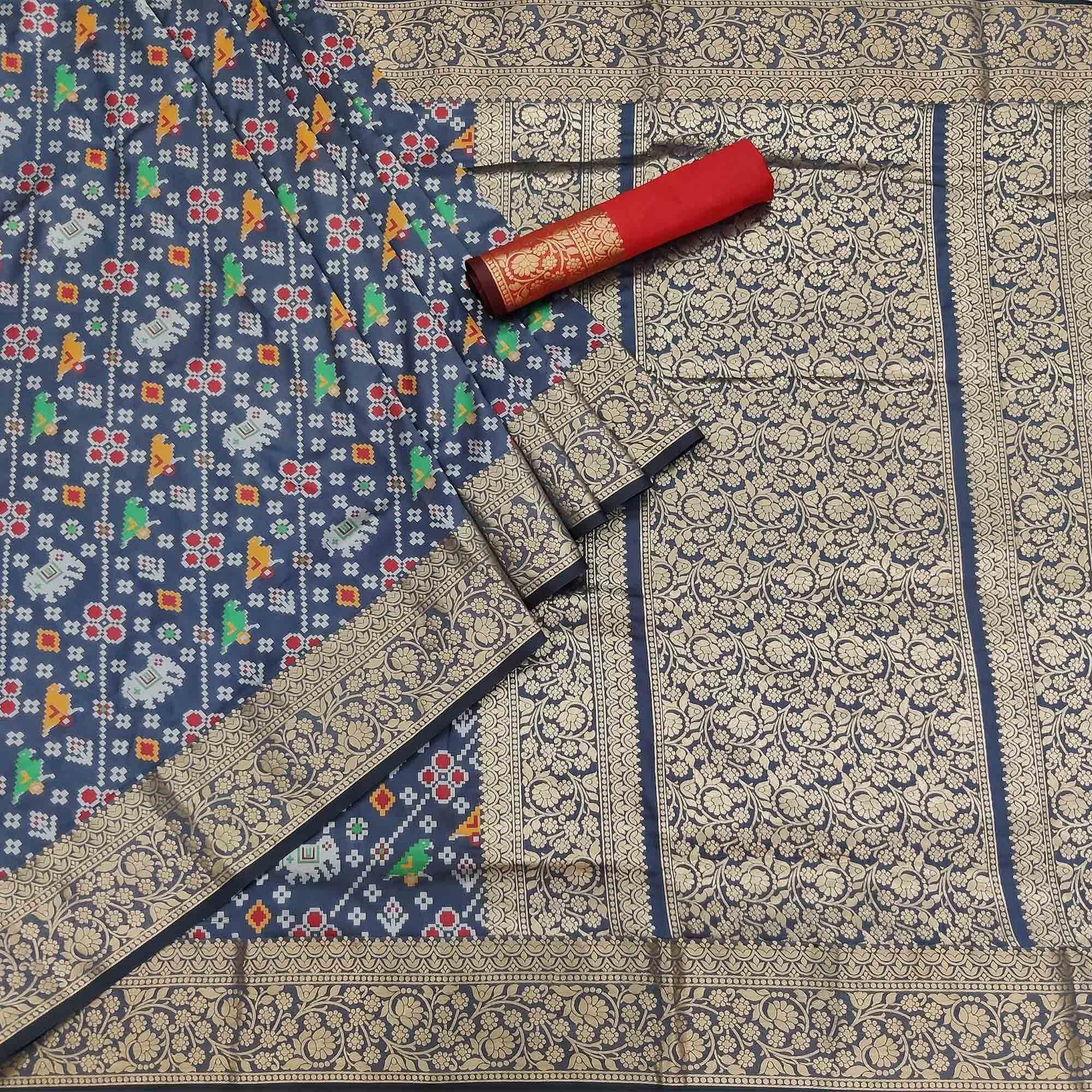 Grey Festive Wear Patola Printed Art Silk Saree - Peachmode