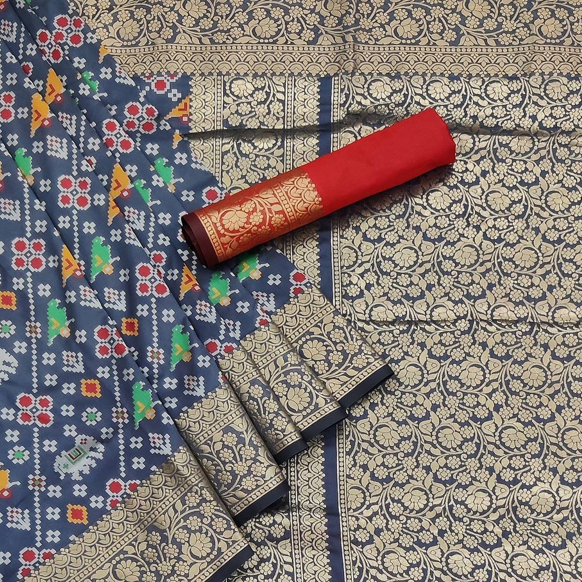 Grey Festive Wear Patola Printed Art Silk Saree - Peachmode