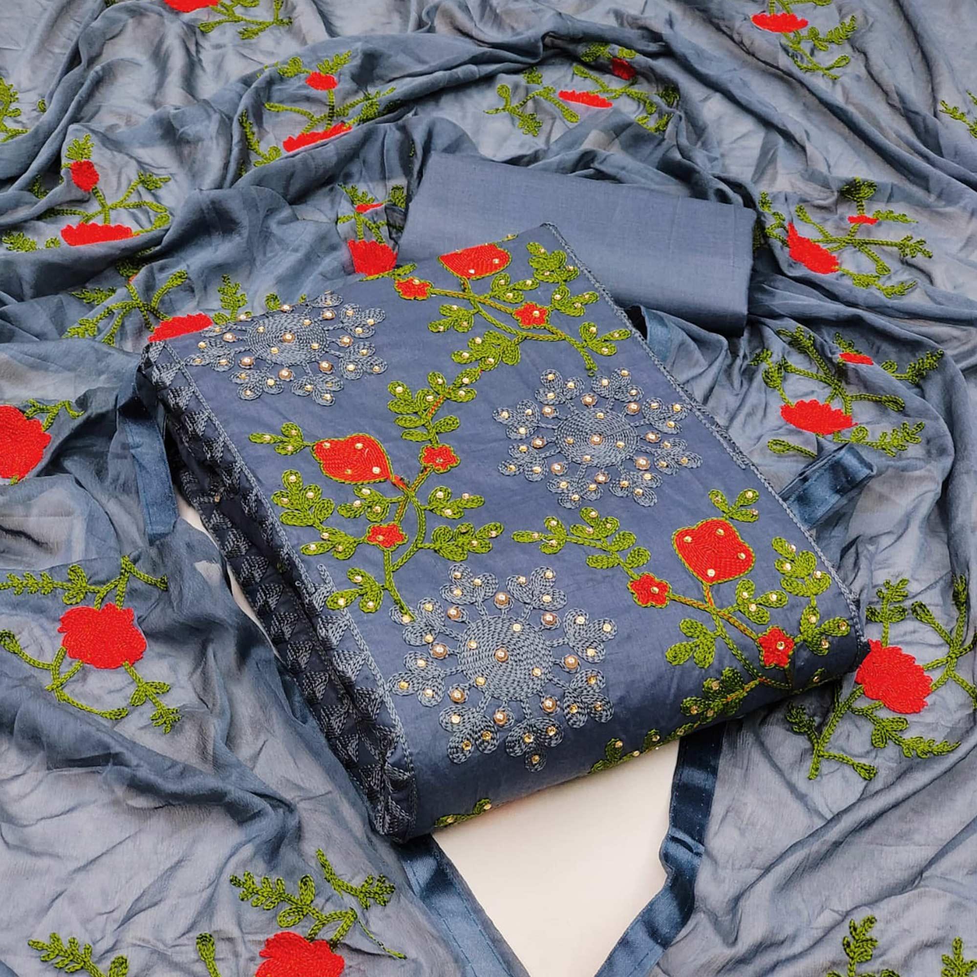 Grey Festive Wear Pearl Work Embroidered Cotton Dress Material - Peachmode