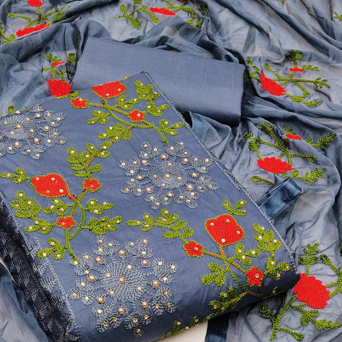 Grey Festive Wear Pearl Work Embroidered Cotton Dress Material - Peachmode