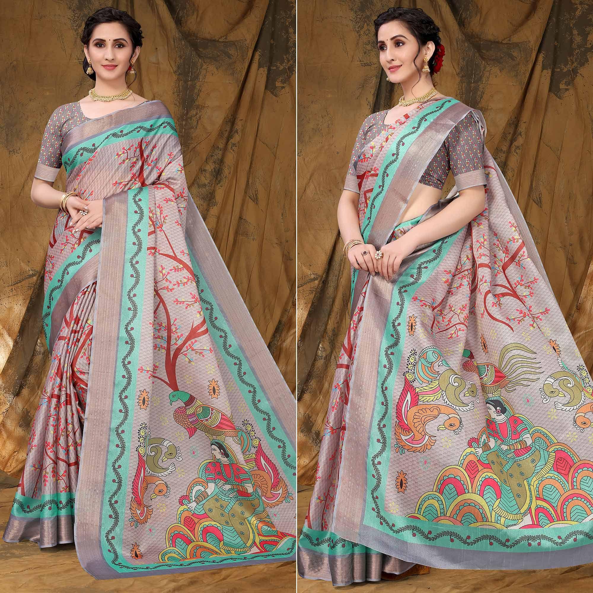 Grey Festive Wear Printed Art Silk Saree - Peachmode