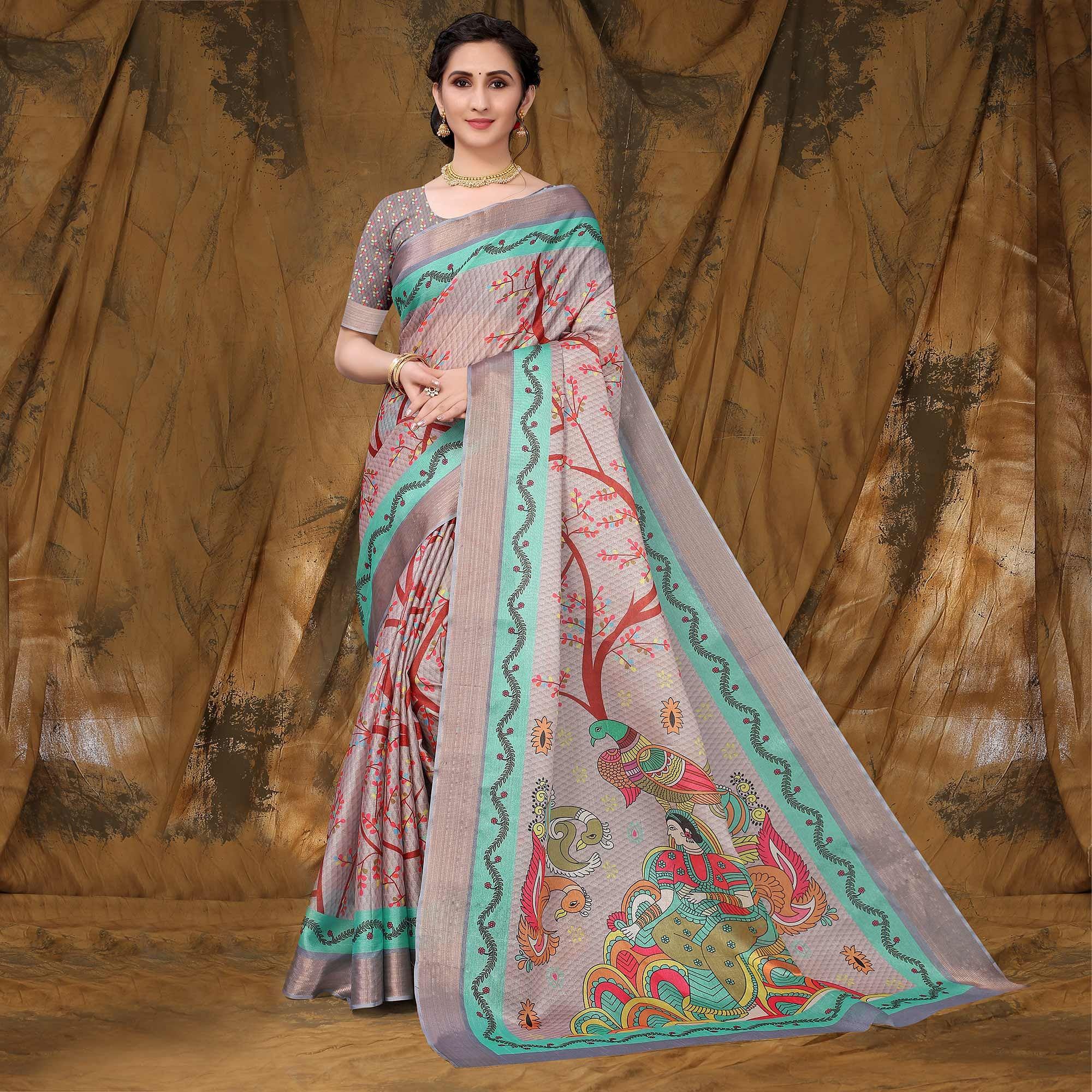 Grey Festive Wear Printed Art Silk Saree - Peachmode