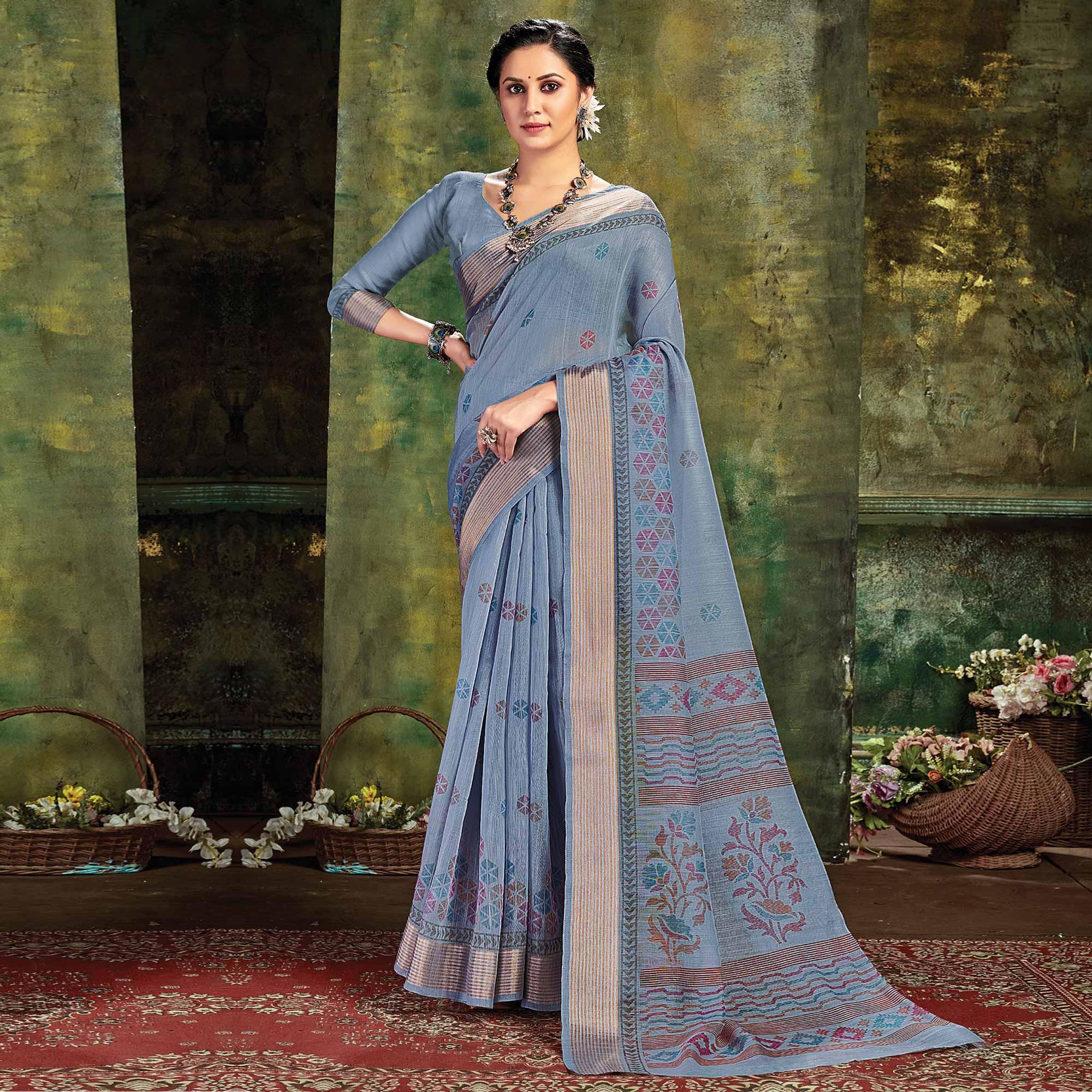 Grey Festive Wear Printed Cotton Saree - Peachmode