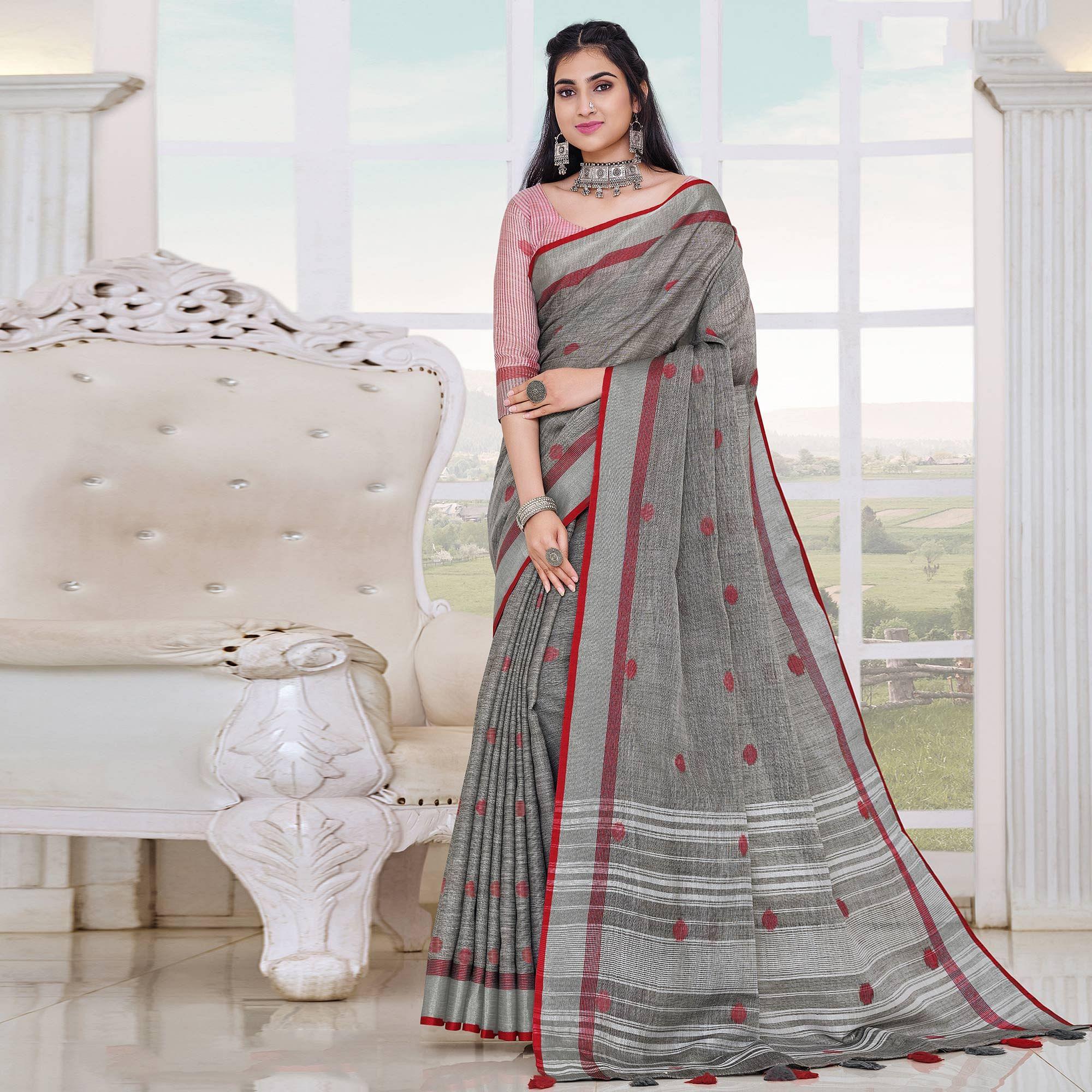 Grey Festive Wear Printed Linen Saree - Peachmode