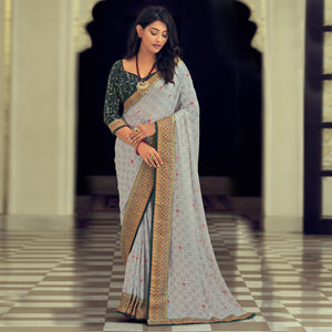 Grey Festive Wear Printed Silk Saree With Big Border - Peachmode