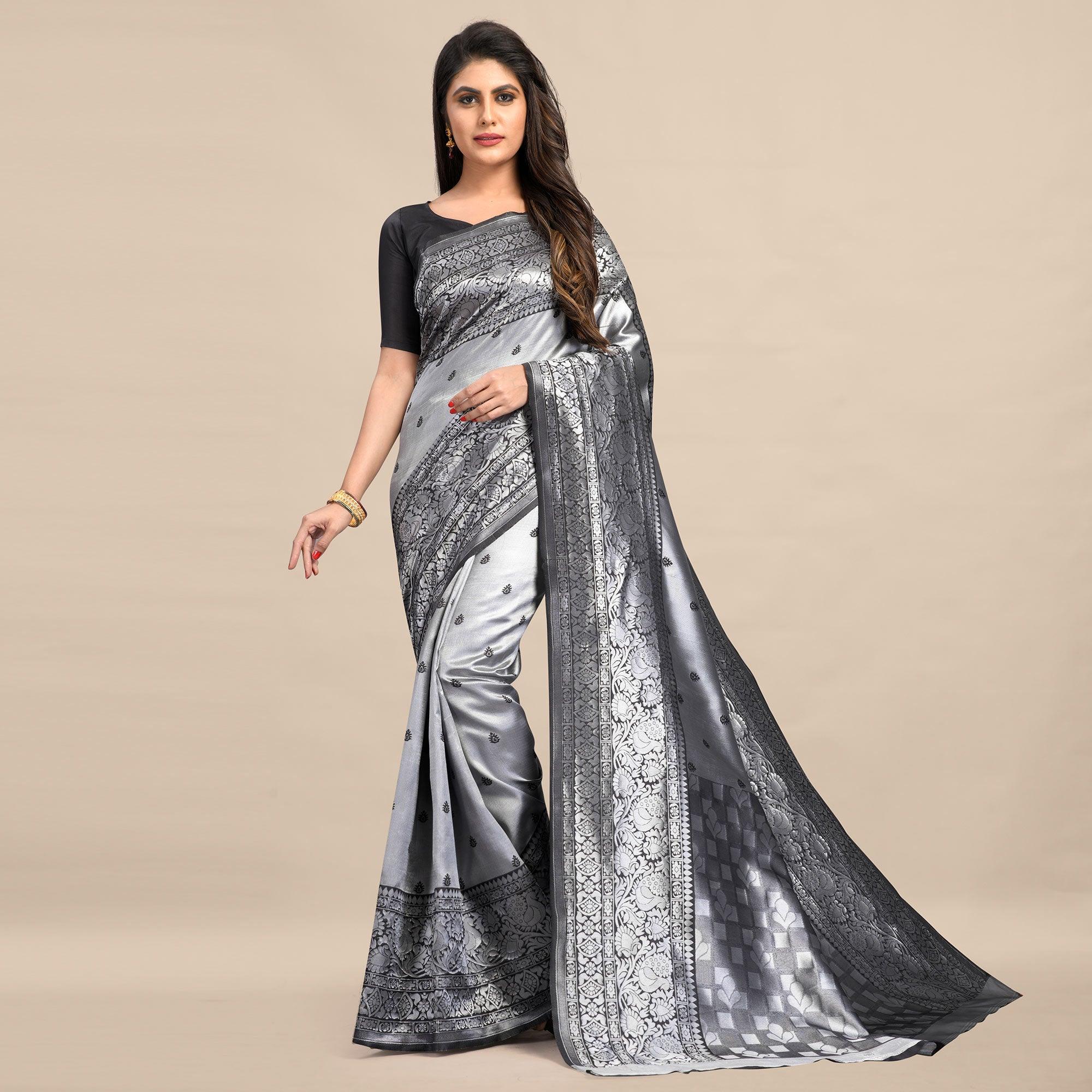 Grey Festive Wear Rich Woven Border Soft Banarasi Silk Saree - Peachmode