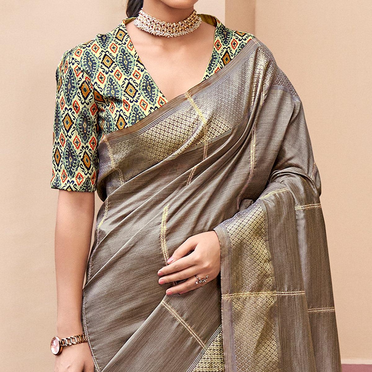 Grey Festive Wear Sequence Digital Work Silk Saree - Peachmode