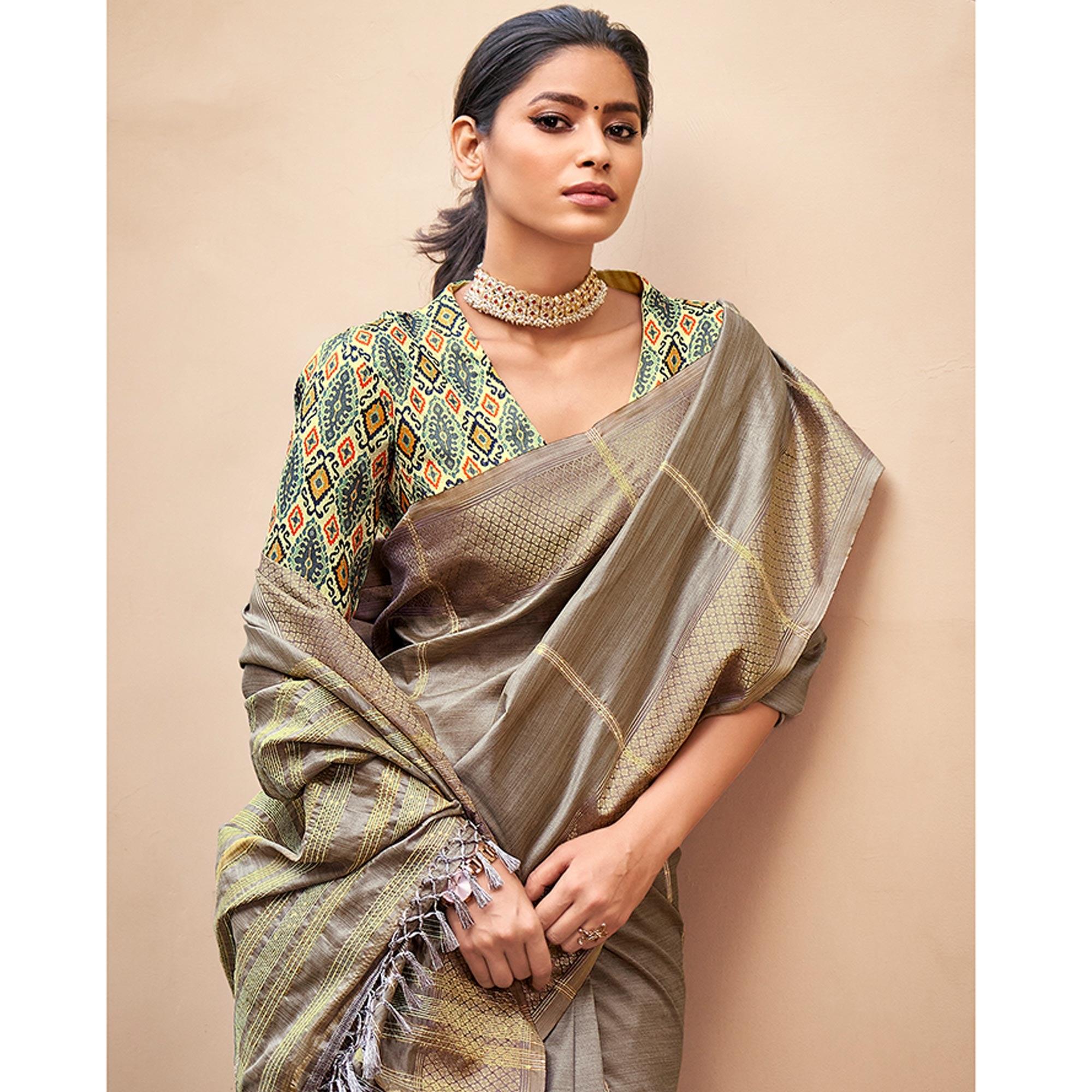 Grey Festive Wear Sequence Digital Work Silk Saree - Peachmode