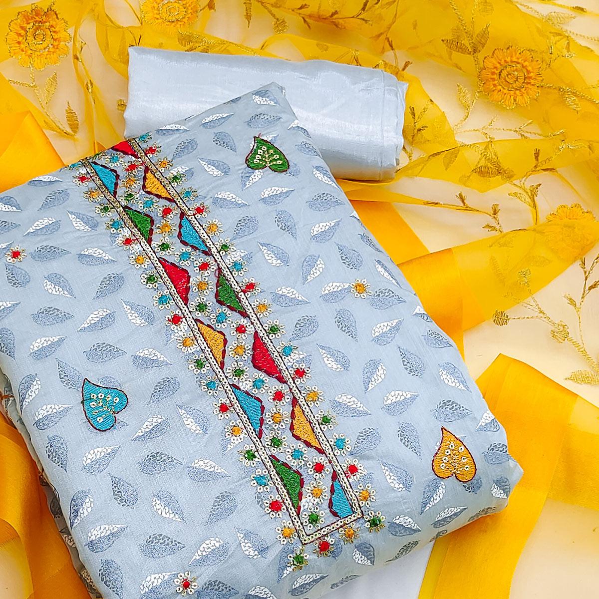 Grey Festive Wear Sequence Embroidered Chanderi Dress Material - Peachmode